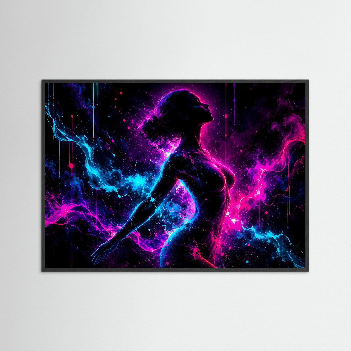 Neon Frauen Silhouette Poster | Abstrakte Moderne Wandkunst in Pink Blau | Leuchtender Frauenkörper | Futuristischer Kunstdruck