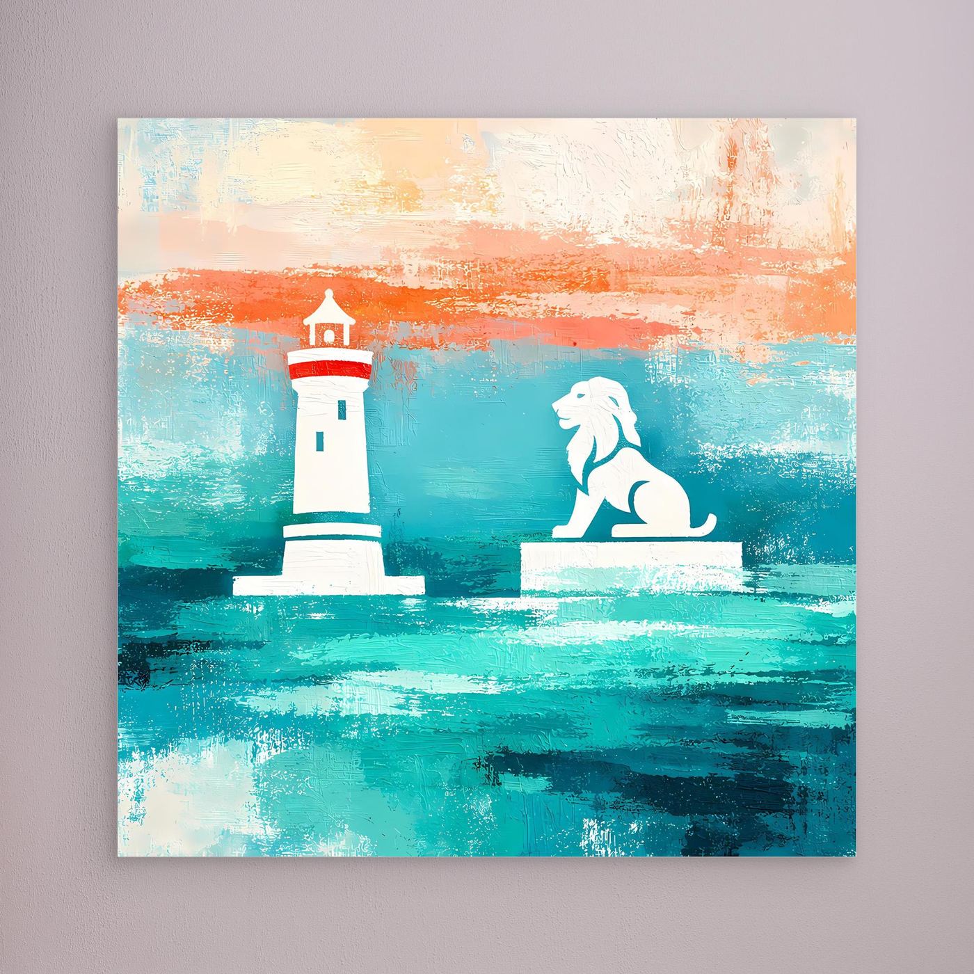 Leinwand Maritimer Leuchtturm und Löwe | Abstraktes Küsten Wandbild Lindau