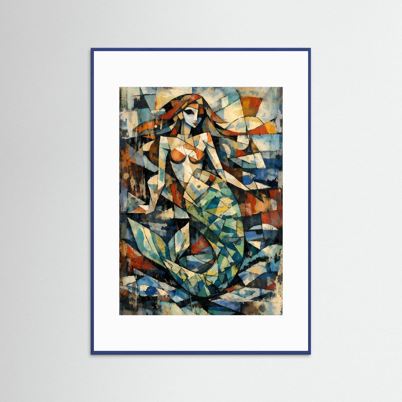Abstraktes Meerjungfrauen-Poster mit Farbcollage im blauen Holzrahmen