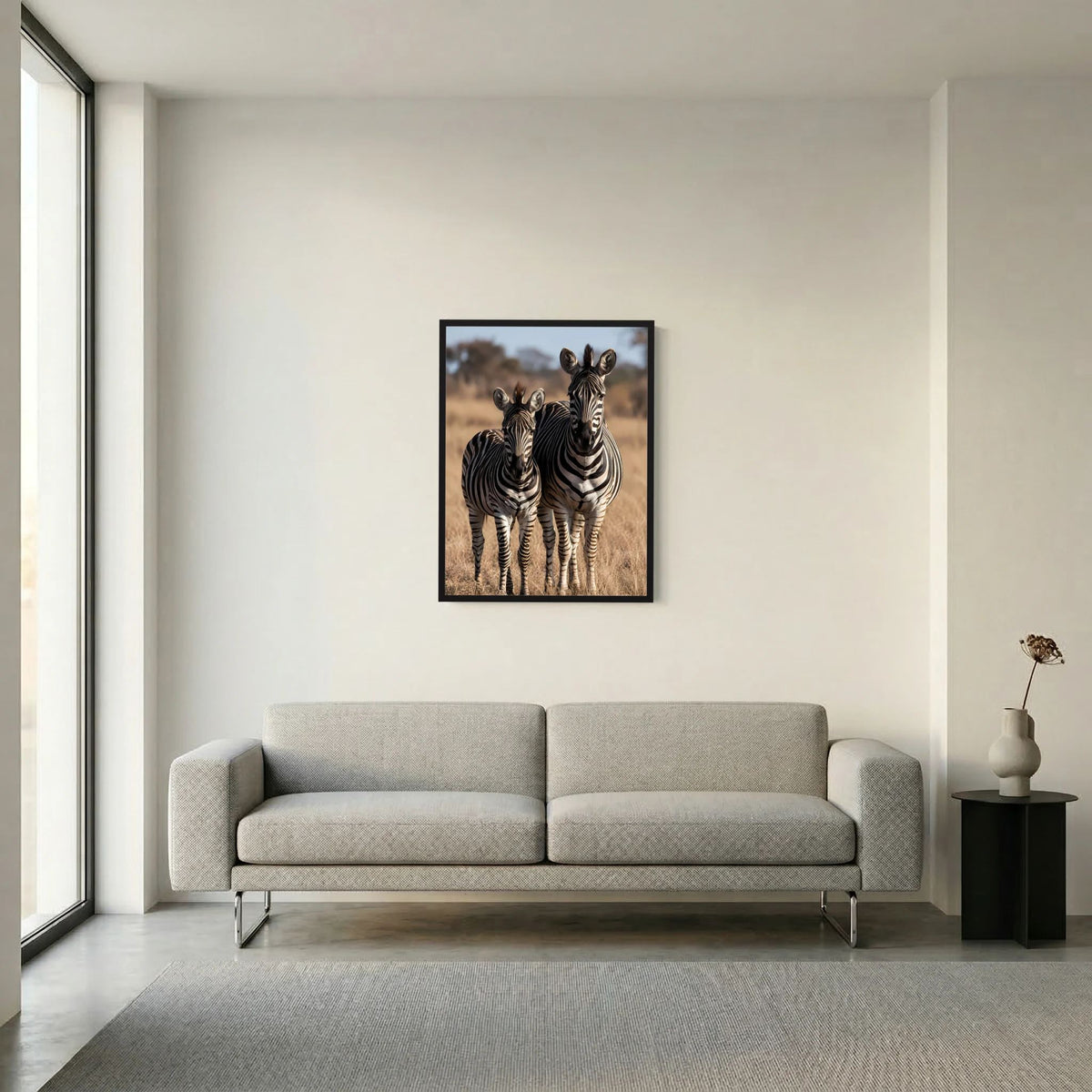 Wandposter mit Zebras (Mutter und Jungtier) im schwarzen Rahmen, hochformatig.