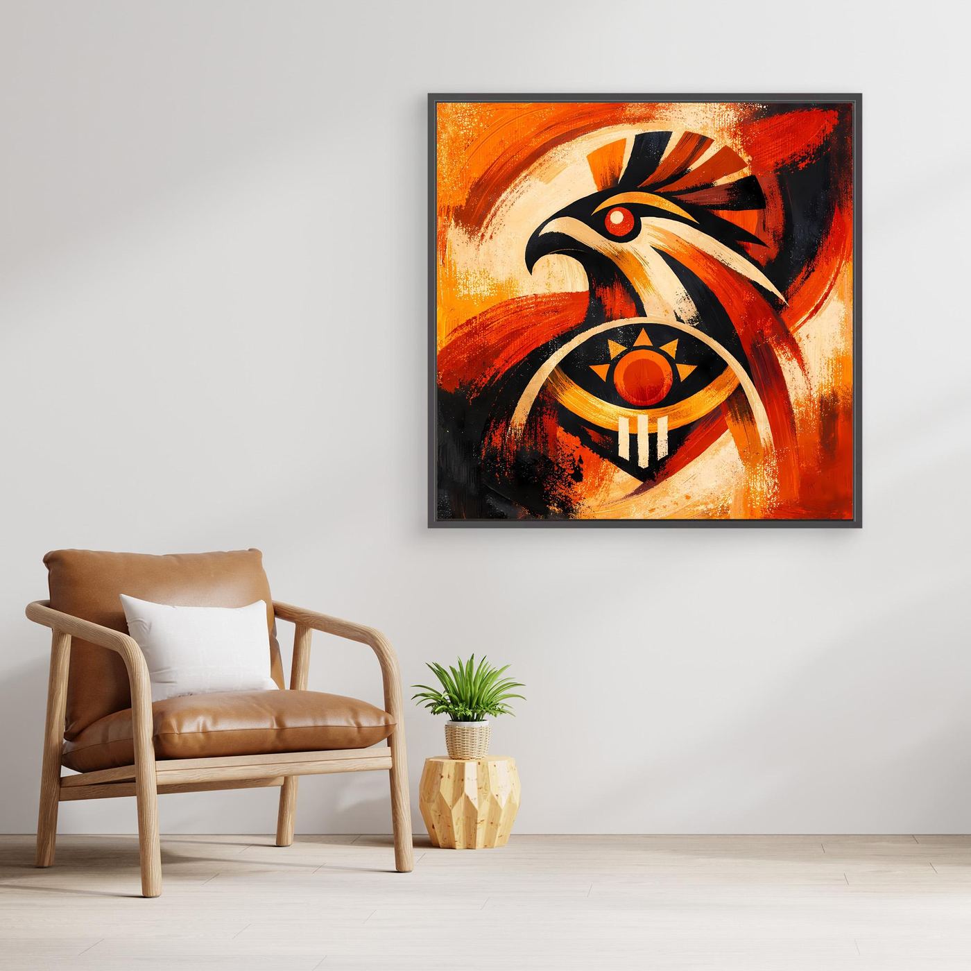 Leinwand-Wandbild mit Falke und Sonnensymbol, orange-schwarz, im Holzrahmen