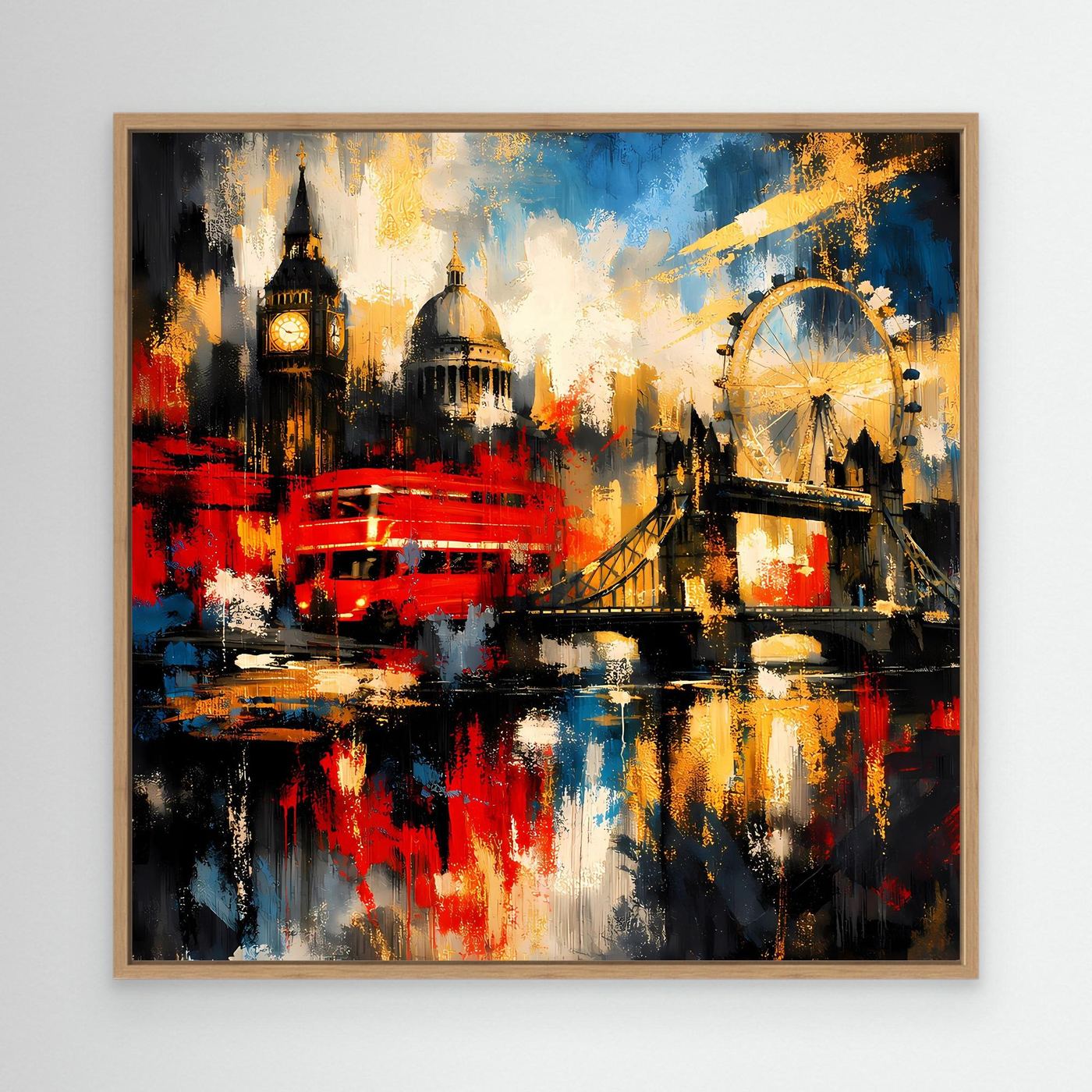 Leinwandbild abstrakte London-Skyline, bunt mit rotem Bus und Riesenrad, naturfarbener Holzrahmen