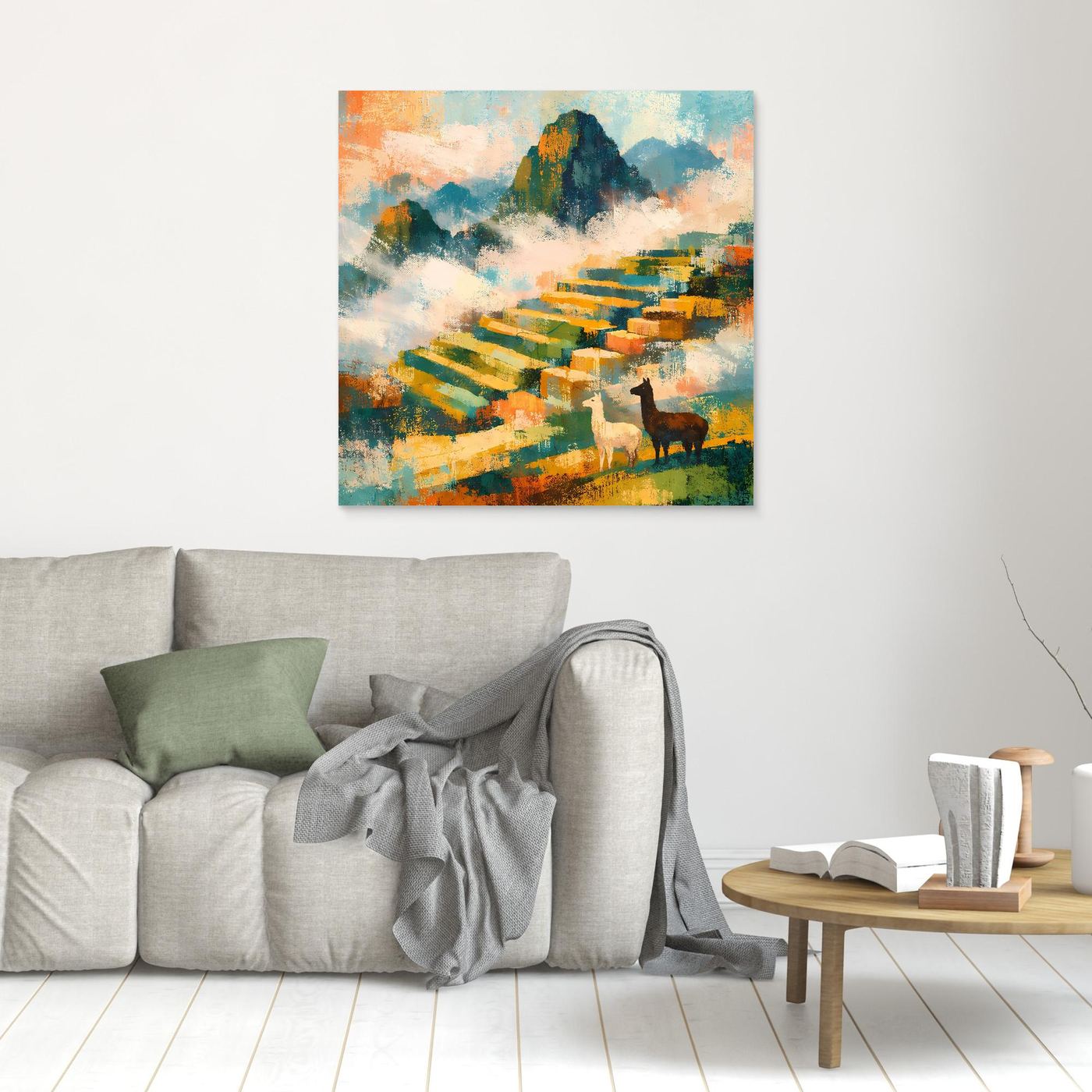 Quadratisches Leinwandbild mit abstrakter Berglandschaft, Terrassen und zwei Alpakas