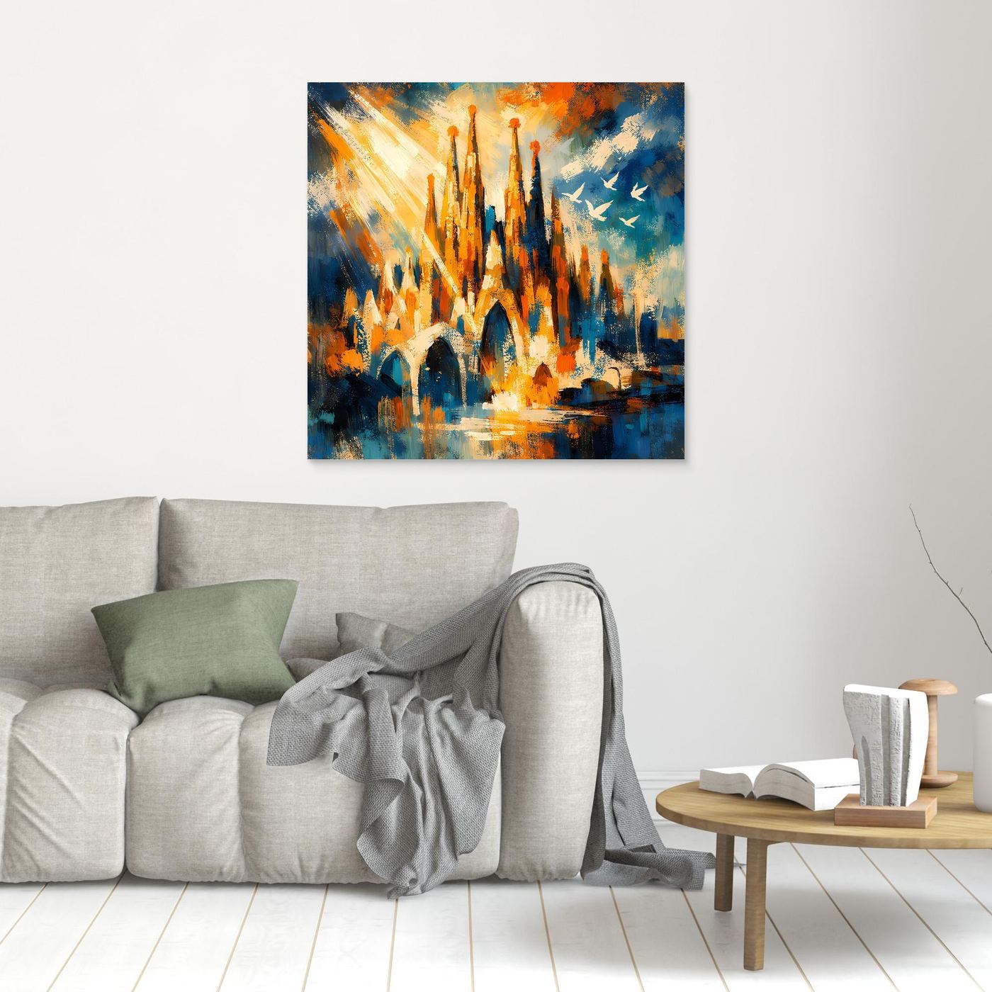 Abstraktes Leinwandbild mit Sagrada-Familia-Türmen, brauner Holzrahmen