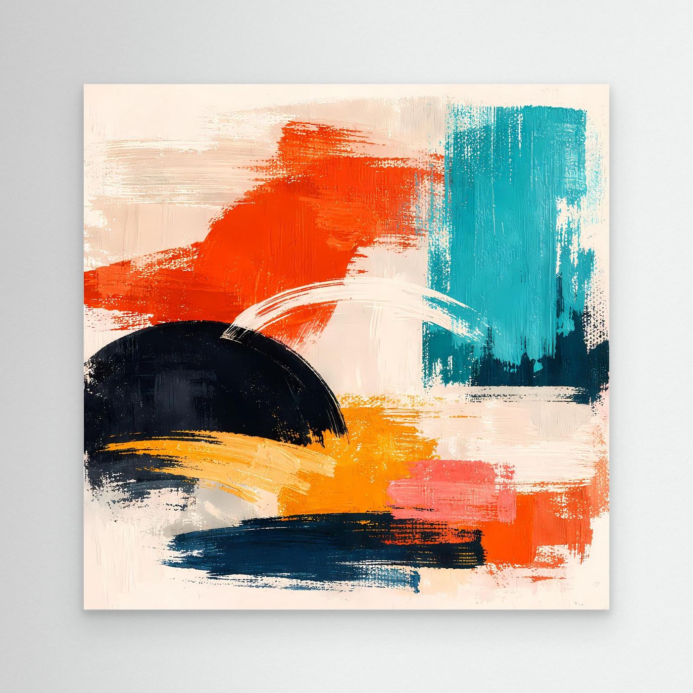 Abstraktes Leinwandbild mit orange, türkis und schwarzen Pinselstrichen auf hellem Grund