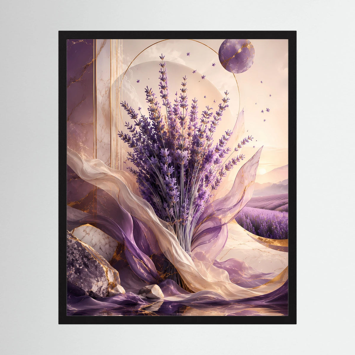 Hochformat-Poster im schwarzen Rahmen mit Lavendelstrauß in Violett