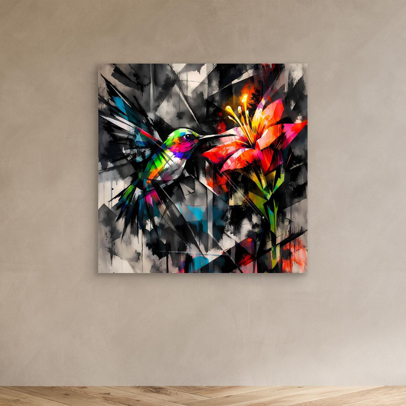 Leinwandbild Farbintensiver Kolibri | Abstraktes Geometrisches Wandbild auf Keilrahmen
