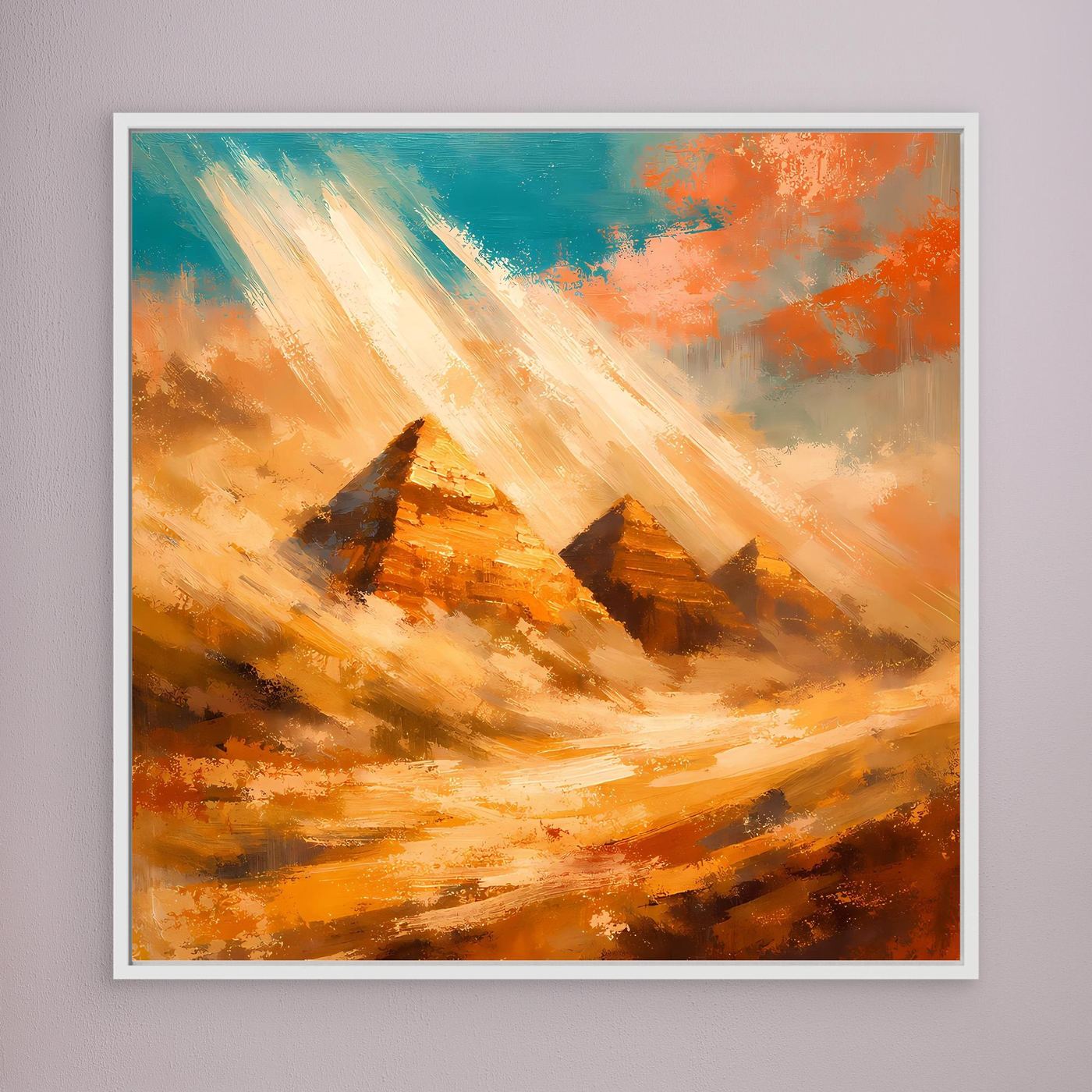 Leinwand-Wandbild mit abstrakten Pyramiden, Orange- und Blautöne, mit weißem Rahmen