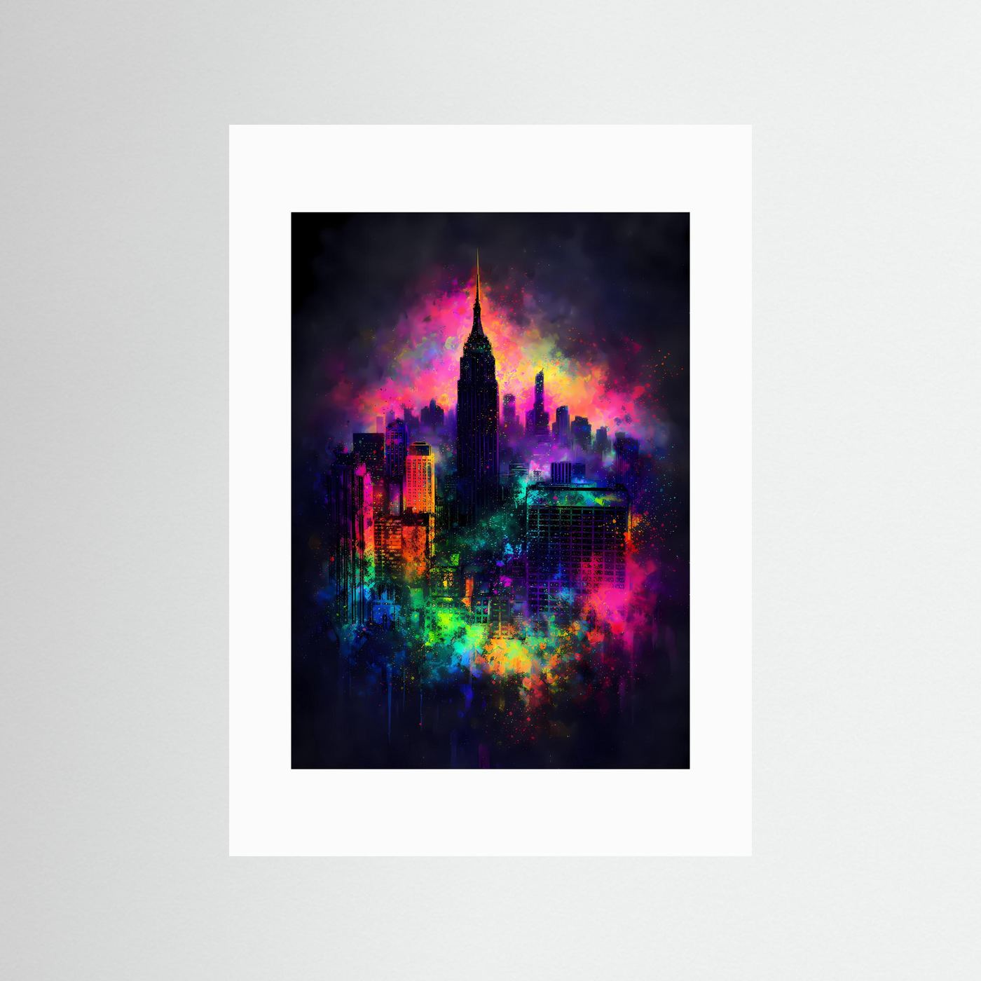 Magische Metropole | Abstraktes New York Skyline Poster in Regenbogen-Neonfarben | Modernes Kunstposter Hochformat