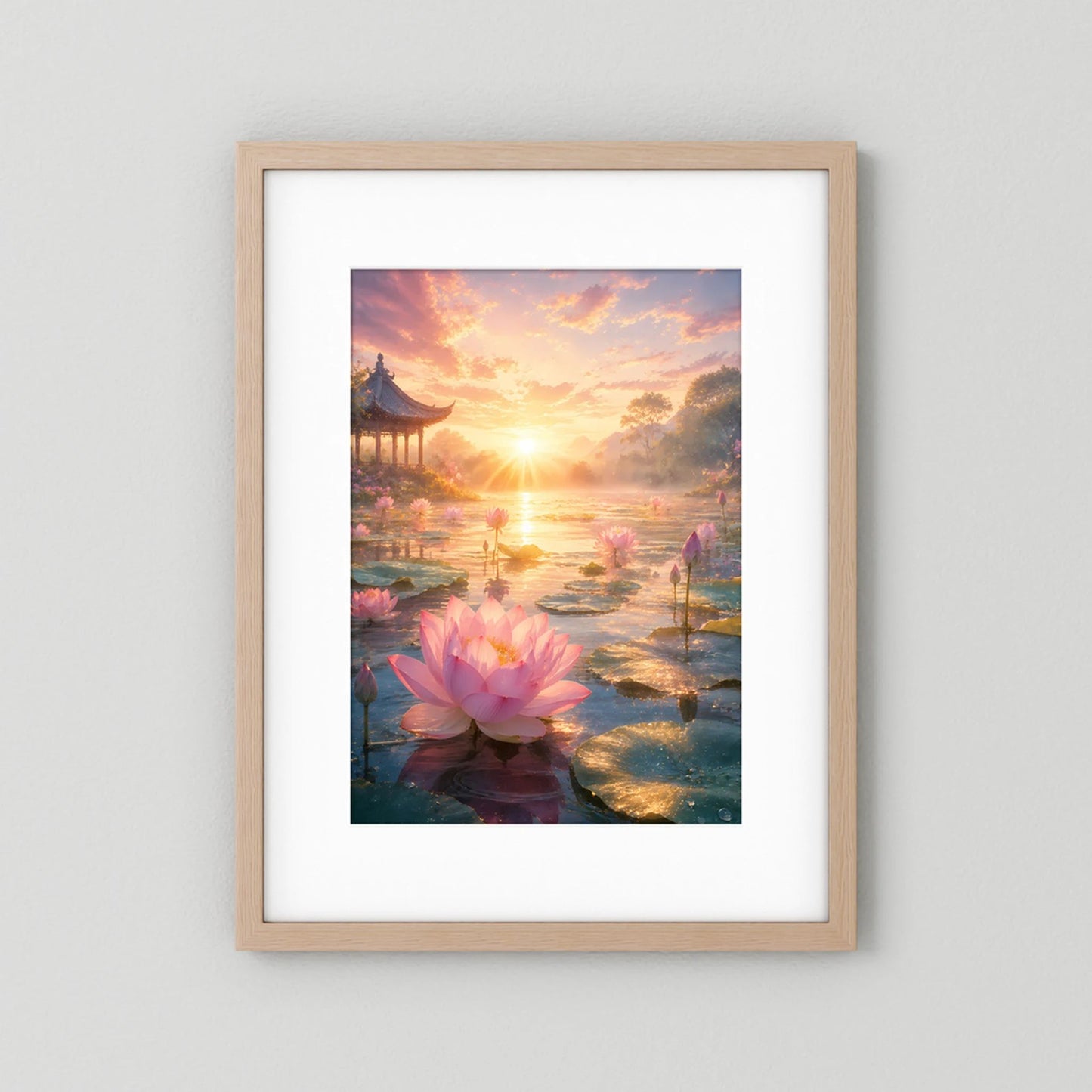 Poster im Hochformat mit rosa Lotusblüte im goldenen Sonnenaufgang, heller Holzrahmen