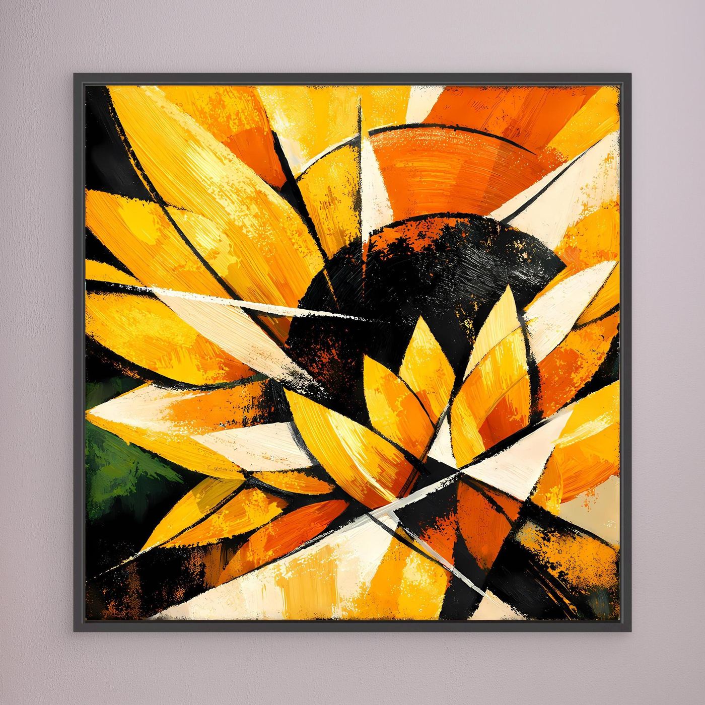 Leinwandbild abstrakte Sonnenblume mit gelb-orangenen Blüten und schwarzem Zentrum, grau gerahmt