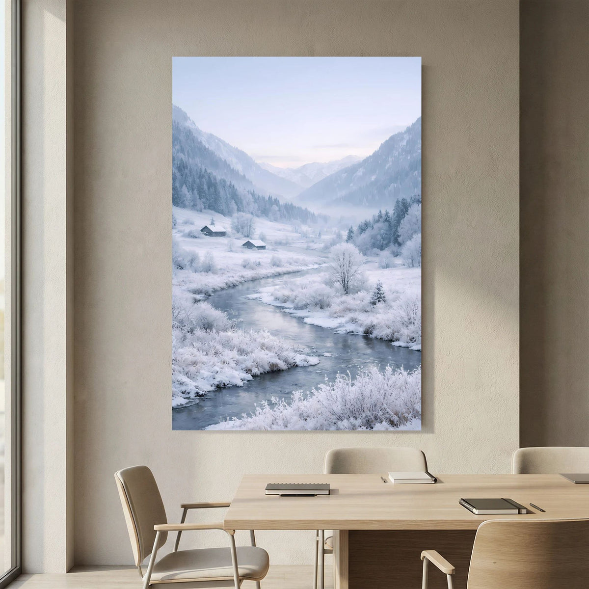 Hochkant-Wandposter mit Winterlandschaft und Flusslauf, weißer Rand