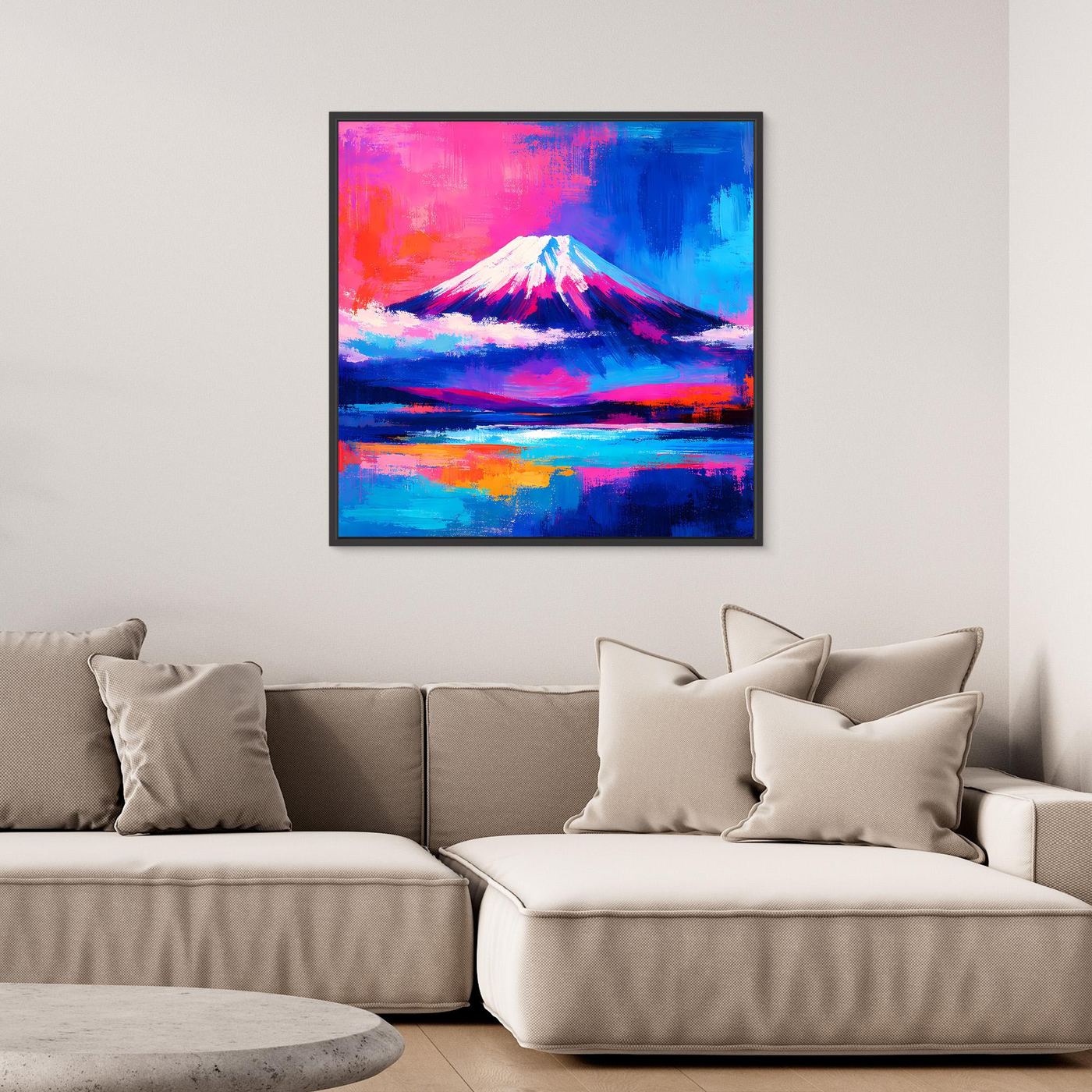 Leinwandbild Abstrakter Fuji bei Sonnenuntergang | Farbenfrohes Berg Wandbild auf echtem Holzkeilrahmen