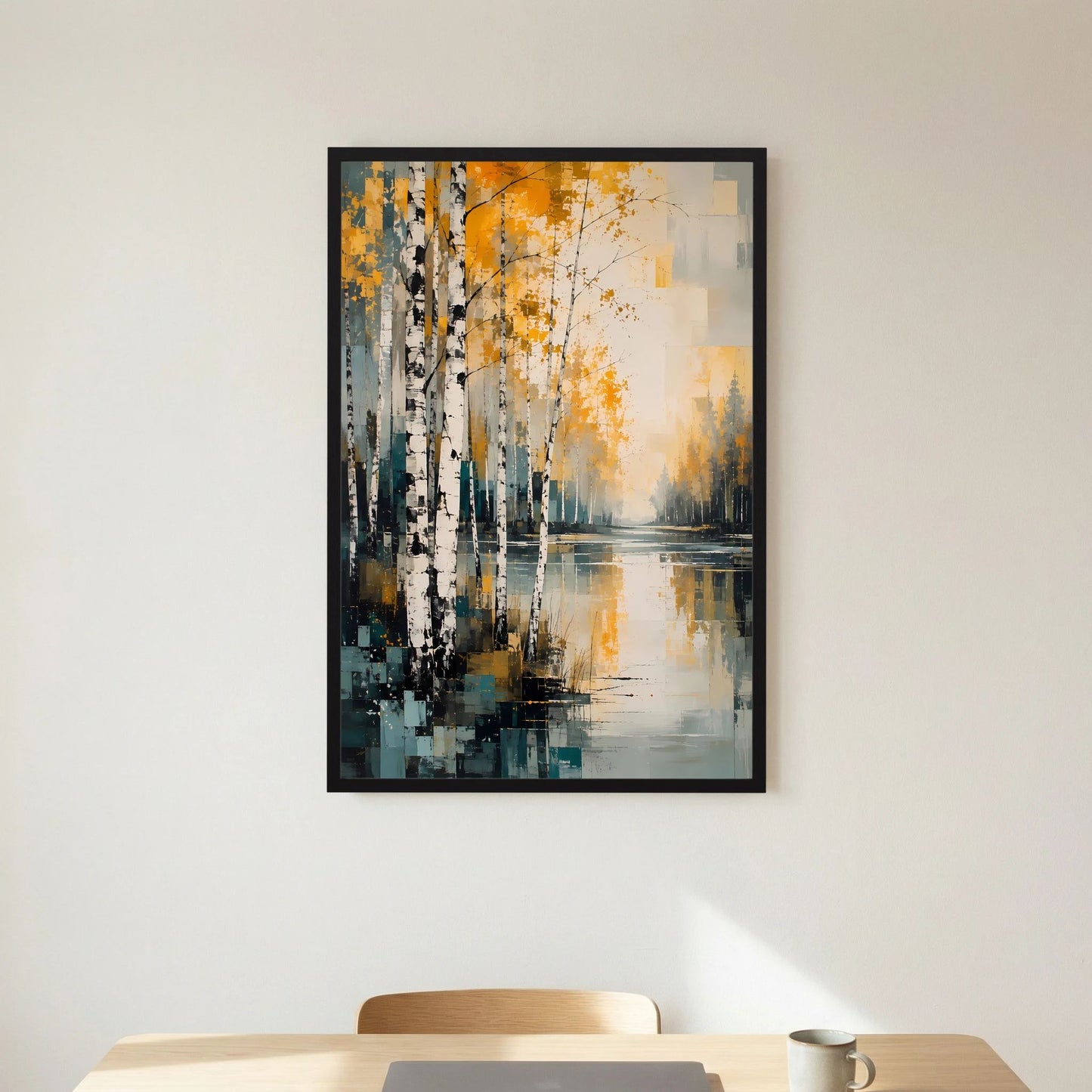Abstraktes Herbstlandschaft-Poster Gold und Petrol, schwarzer Rahmen