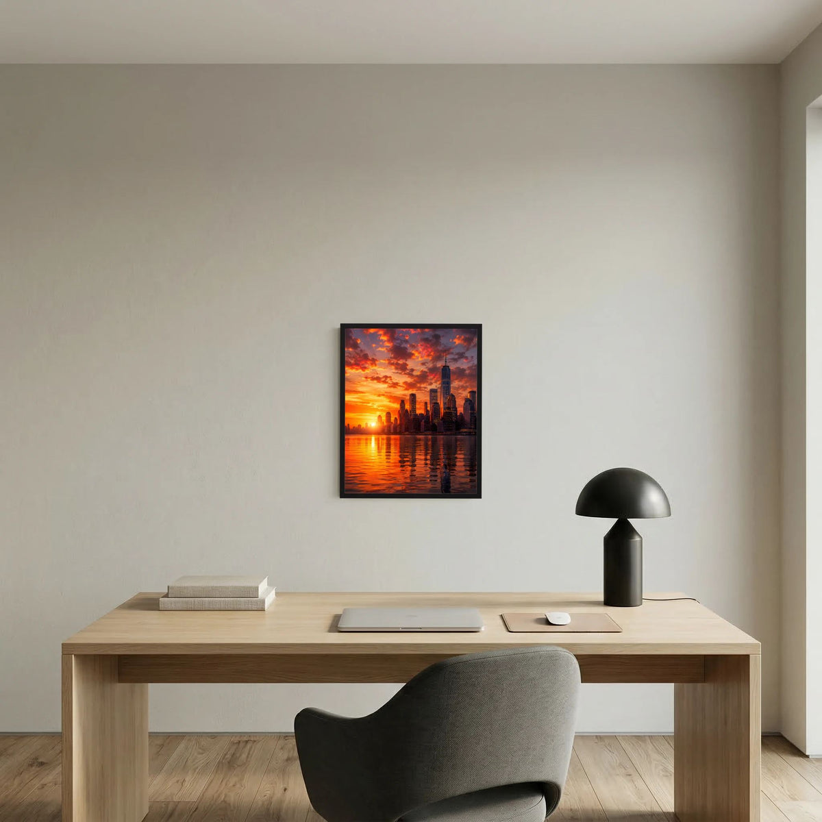 Stadtposter im Hochformat mit Skyline bei Sonnenuntergang, schwarzer Rahmen