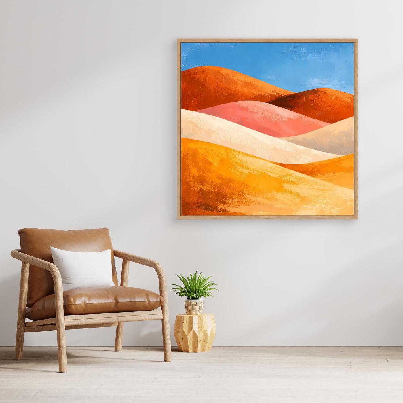 Gerahmtes Wandbild: abstrakte Wüstenlandschaft mit Dünen in Orange‑Rot‑Beige.