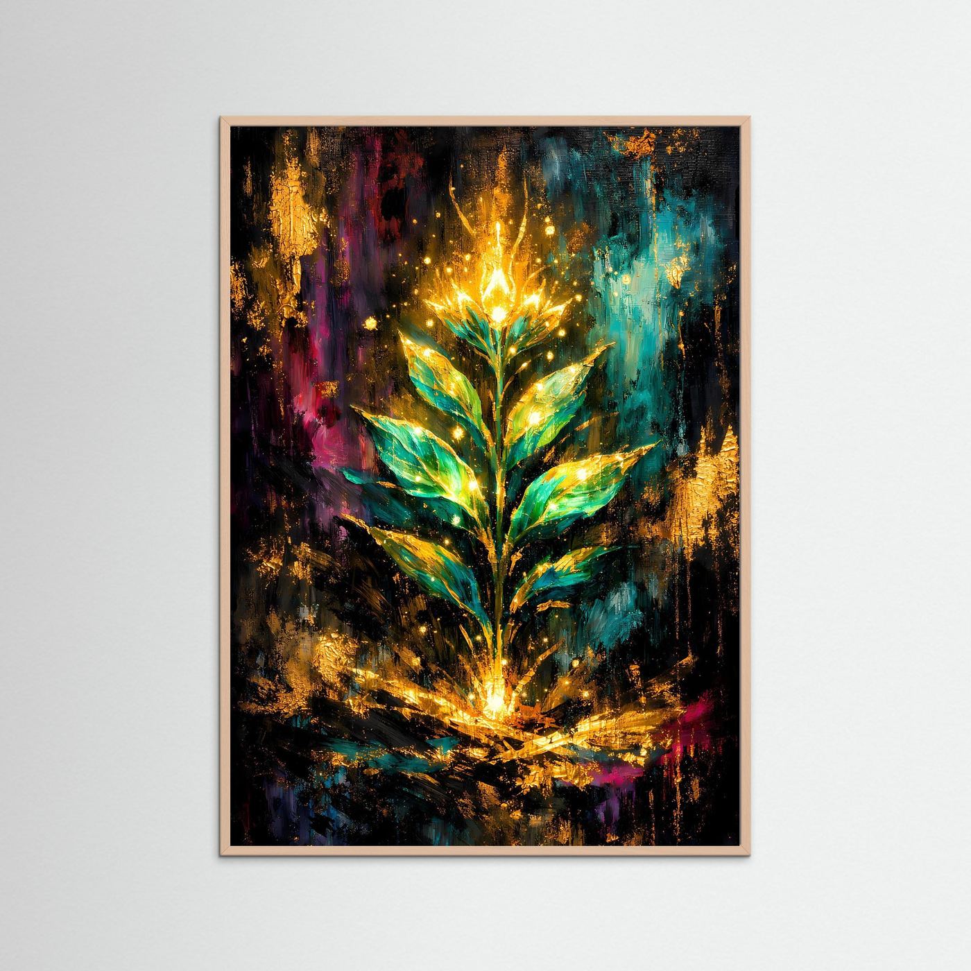 Kunstposter im Hochformat mit abstraktem Pflanzenmotiv und Goldlicht, im hellbraunen Rahmen