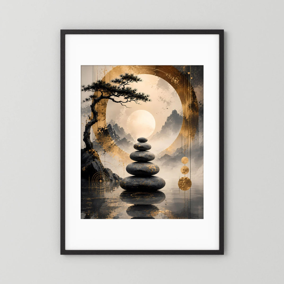 Poster im Hochformat mit Bonsai, Steinstapel und goldfarbener Kreisgrafik, schwarzer Rahmen