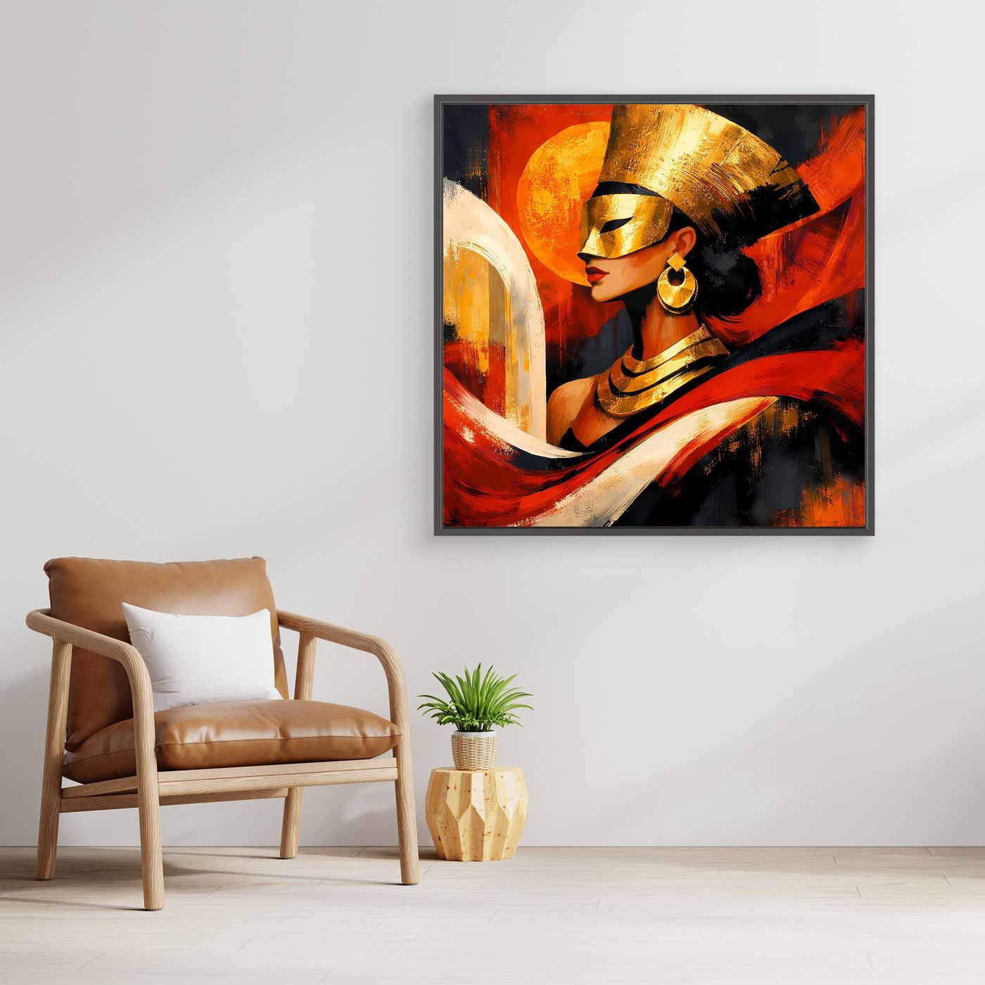Gerahmtes Leinwandbild mit ägyptischer Königin, Goldhelm, kräftige Rot- und Schwarztöne.