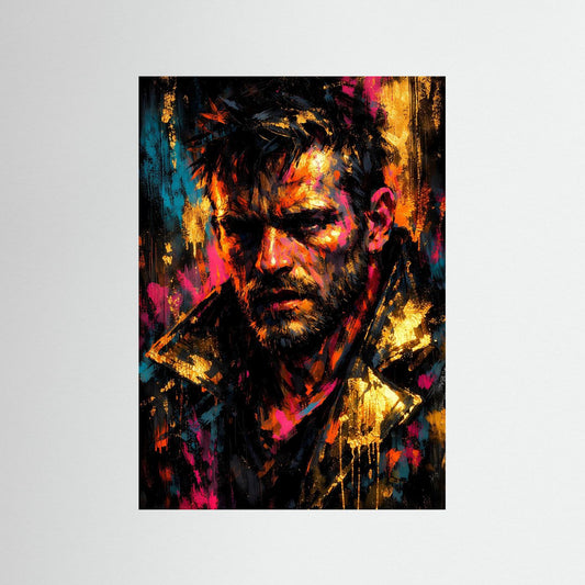Kunstposter mit abstraktem Porträt im Noir-Stil, Neonfarben und leuchtenden Farbflächen