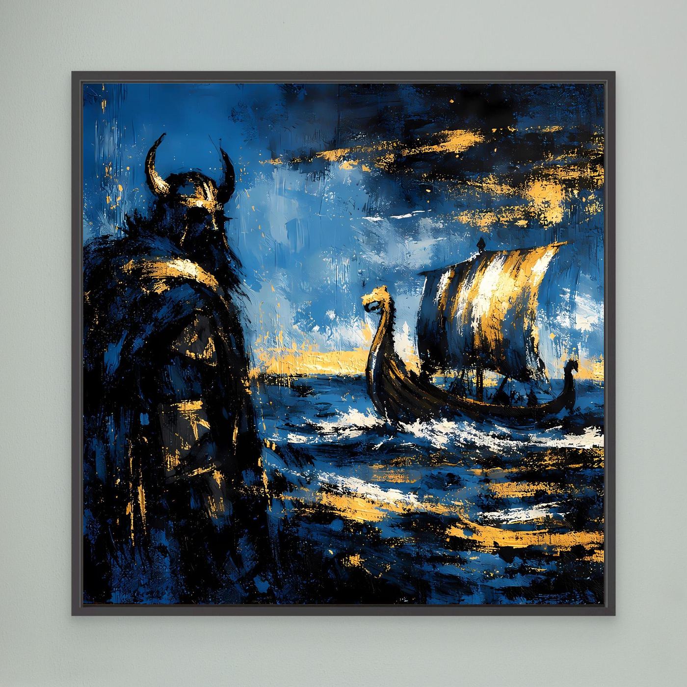 Leinwand Mythischer Wikinger und Langschiff | Abstraktes Nordisches Wandbild