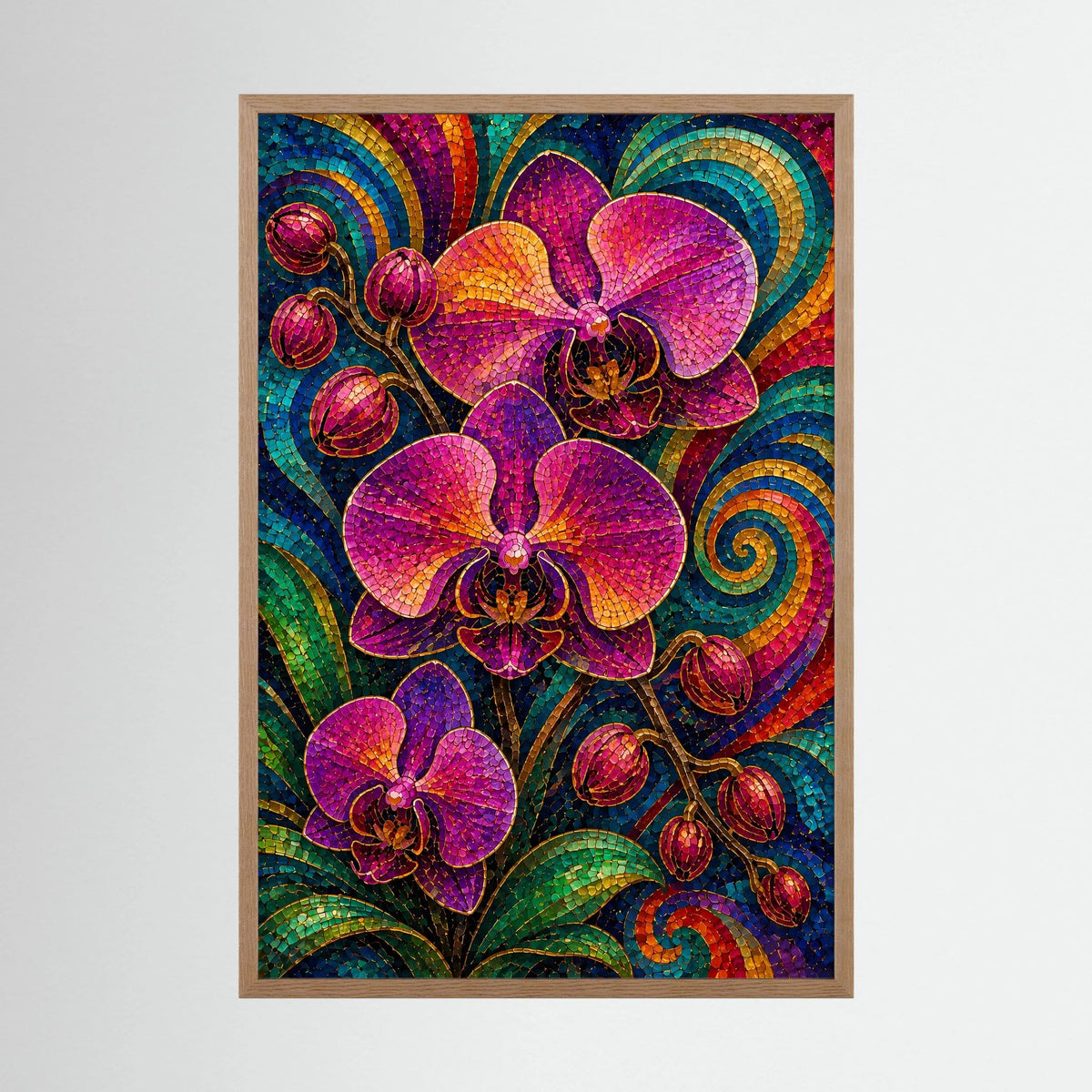 Orchideen-Mosaikposter (Hochformat) mit violetten Orchideen, im beigen Holzrahmen