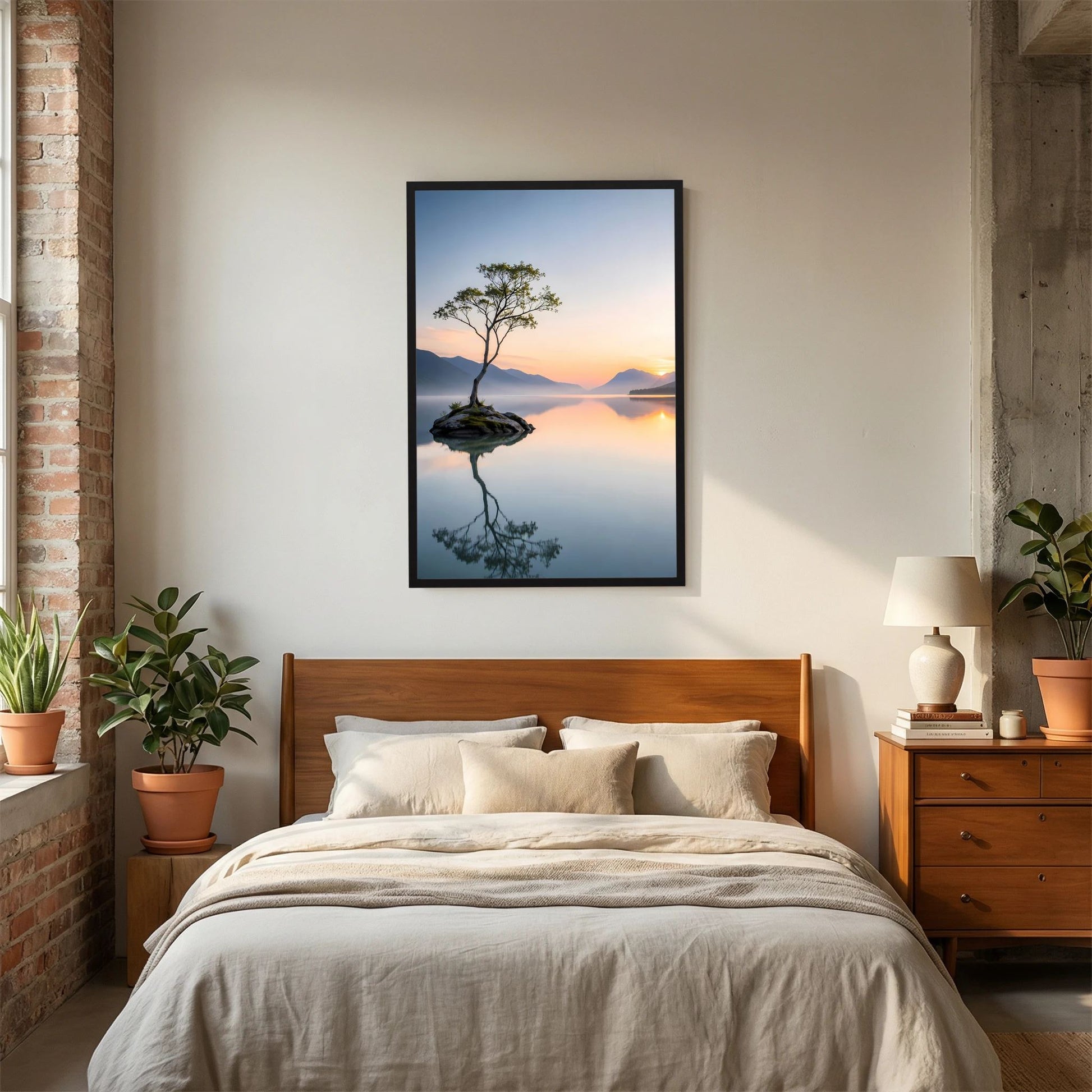 Poster im Hochformat mit einsamem Baum auf Felsen im schmalen dunklen Rahmen