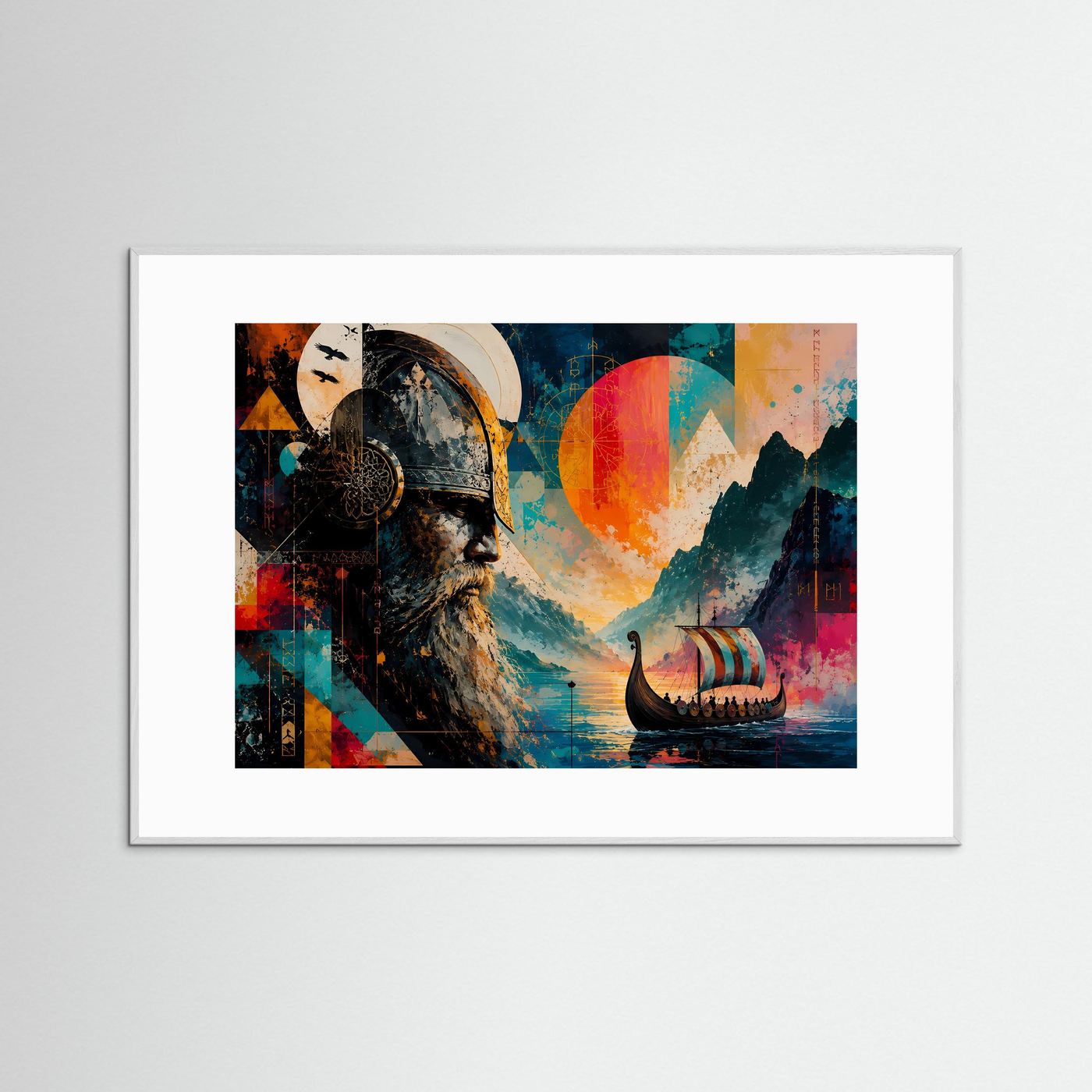 Wikinger Poster | Abstrakte Nordische Kunst mit Langschiff | Odin inspiriertes Wandbild | Moderne Viking Leinwand | Skandinavische Wall Art