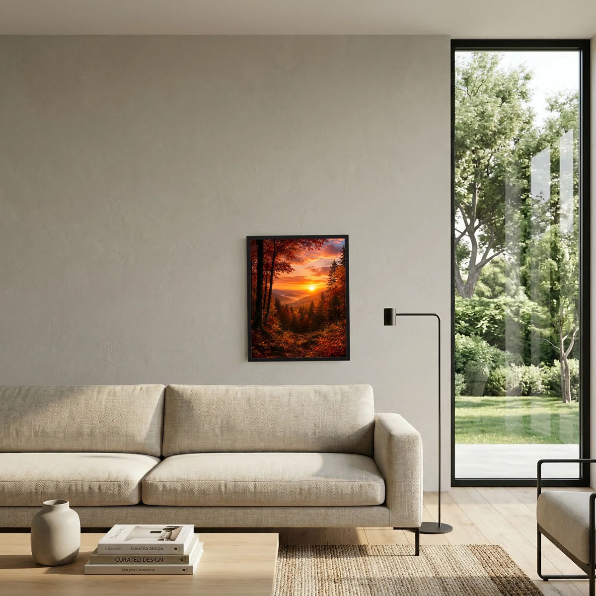 Hochformatiges Kunstposter mit Herbstwald und goldenem Sonnenuntergang, orangefarben, schwarzer Rahmen