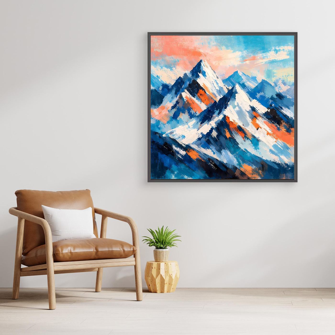 Gerahmtes Leinwand-Wandbild mit impressionistischen Schneebergen in kräftigem Blau und warmem Orange