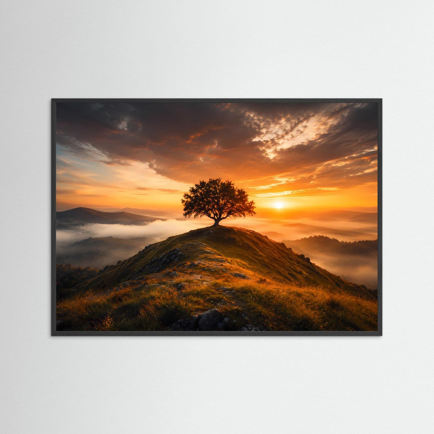 Landschaftsposter mit einsamem Baum auf Hügel, schwarzer Rahmen, Sonnenaufgang
