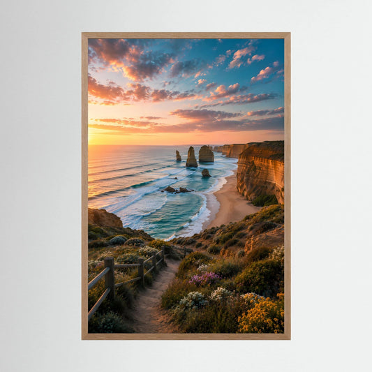 Hochkant-Poster mit Küstenlandschaft bei Sonnenuntergang in hellem Holzrahmen