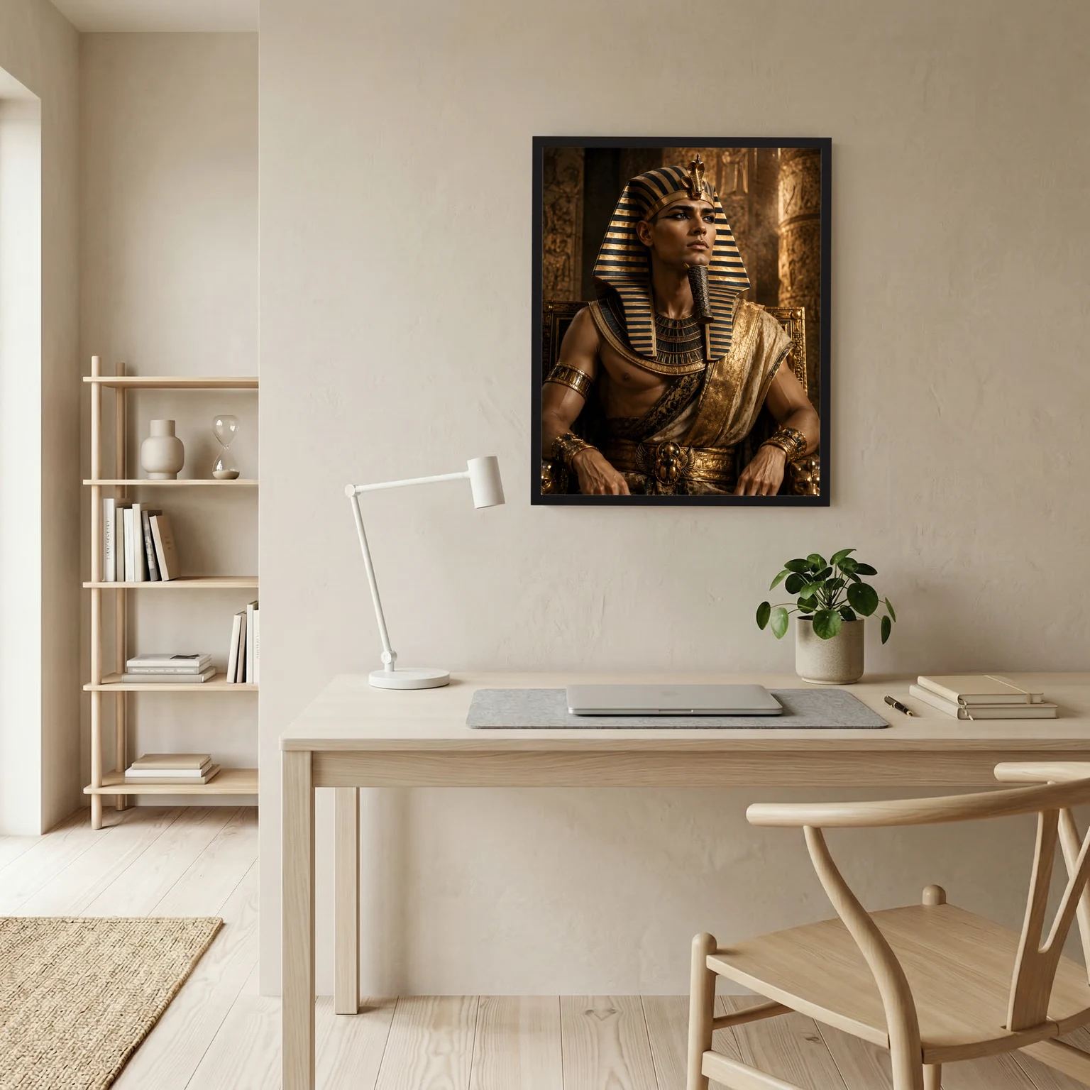 Ägyptisches Pharao-Wandbild: sitzender König mit goldener Krone und gestreiftem Kopftuch.