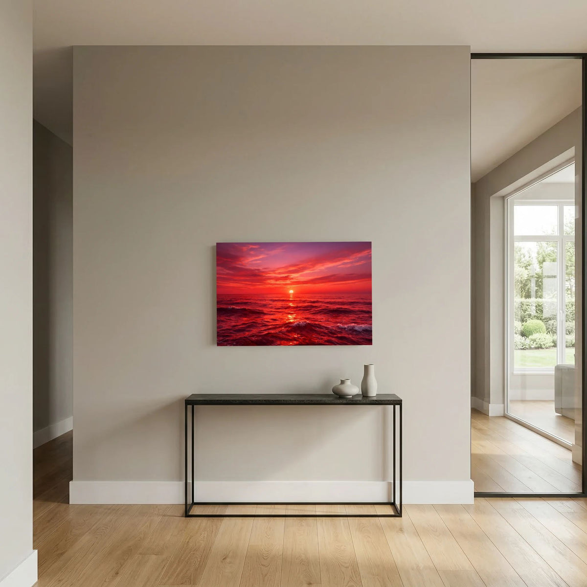 Querformat-Wandbild mit Sonnenuntergang am Ozean, rot-orange Himmel über der Wasserlinie