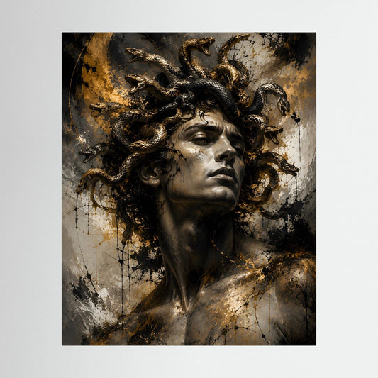 Hochformat-Artprint mit Porträt einer Frau mit Schlangen in Schwarz-Gold