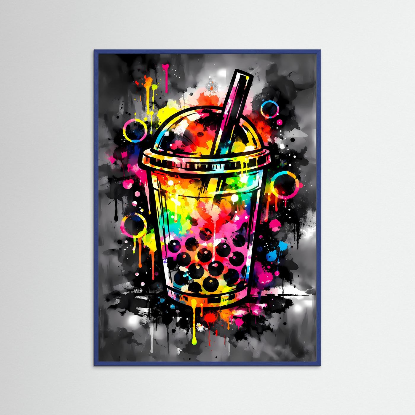Die Kunst des Trends | Neon Bubble Tea Poster in Regenbogenfarben & Schwarz | Abstraktes Pop-Art Kunstposter Hochformat