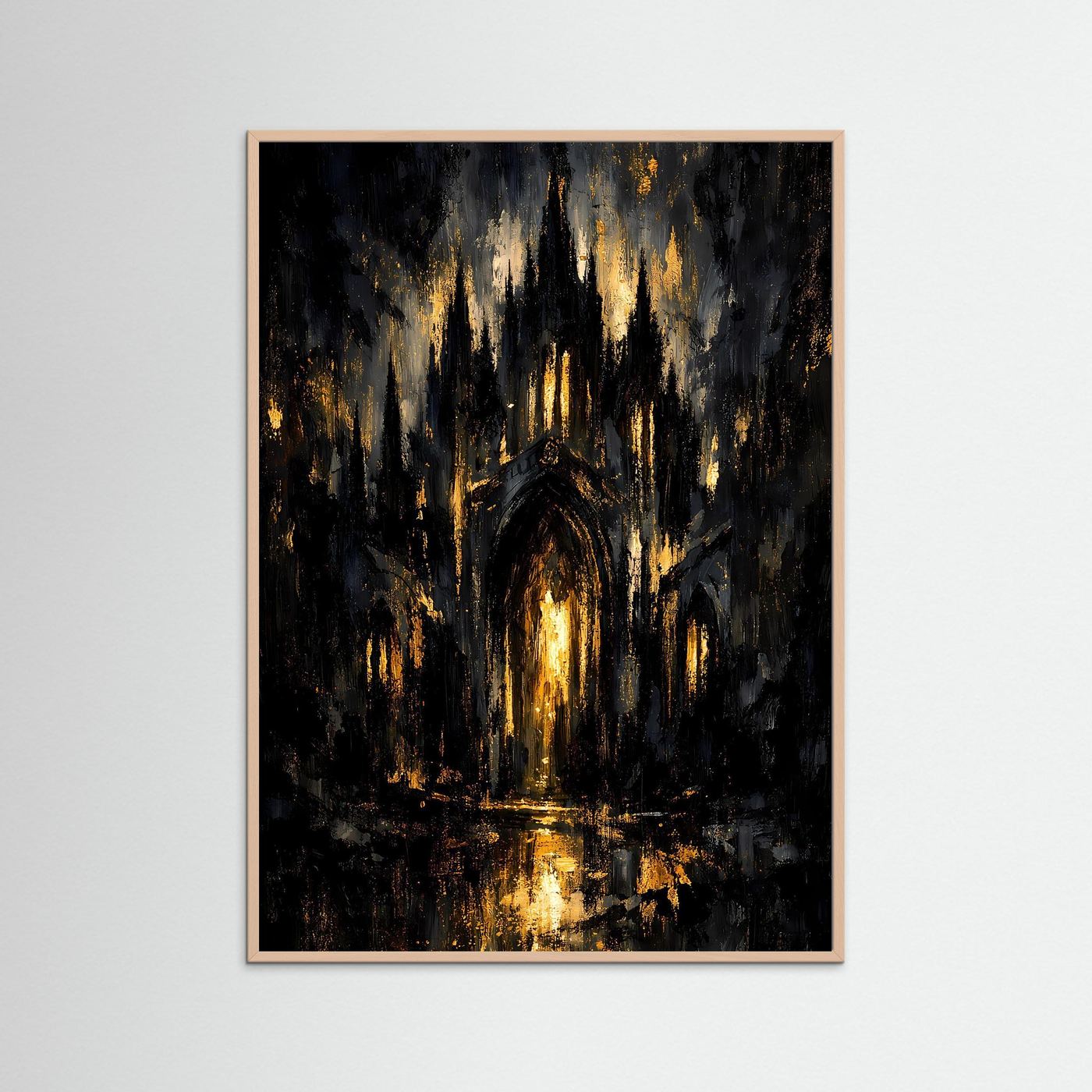 Kathedralenposter im Hochformat in rosafarbenem Holzrahmen: goldene Lichter und Torbogen