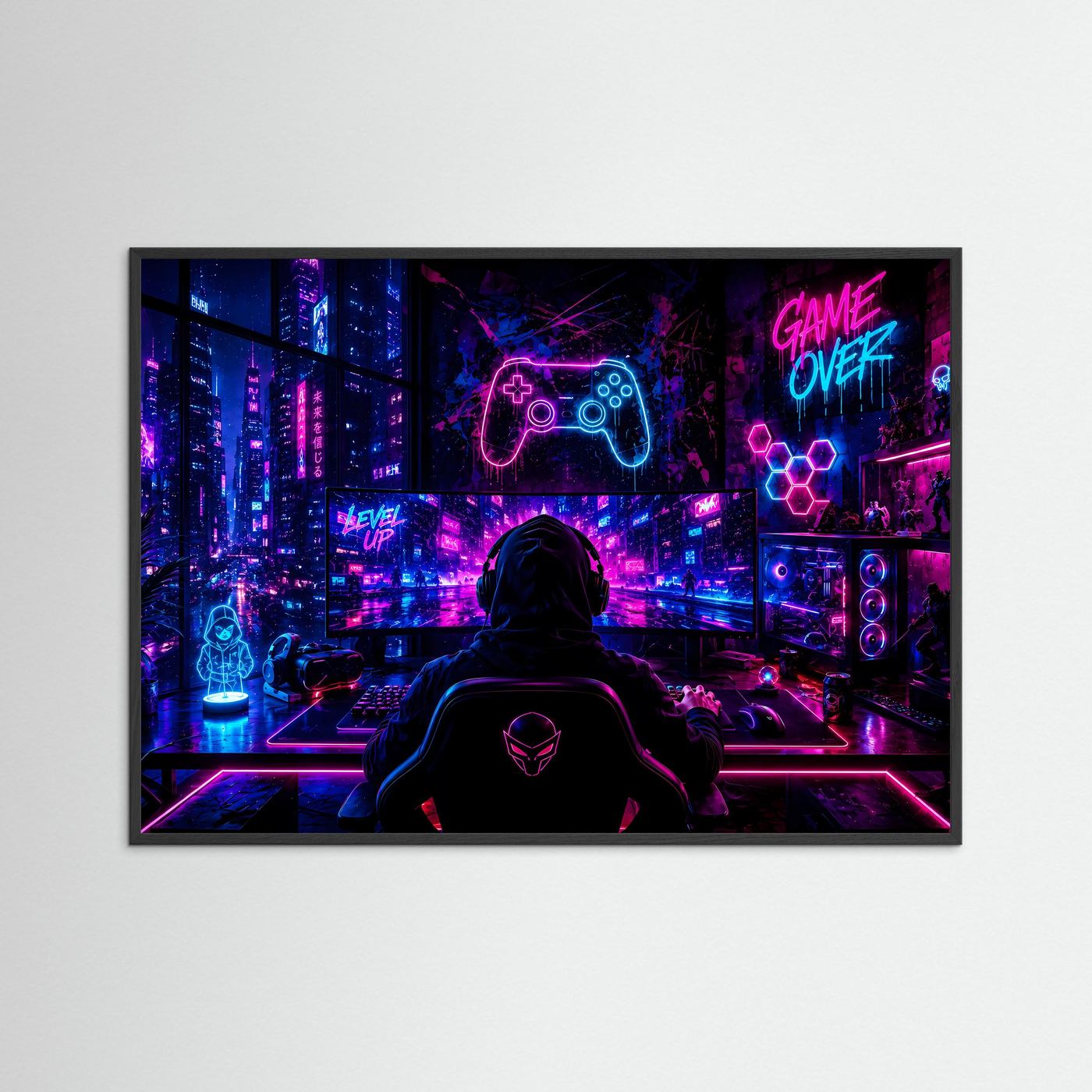Gaming Setup Poster | Cyberpunk Gamer Zimmer mit Neon RGB Beleuchtung | Futuristische Gaming Wandkunst