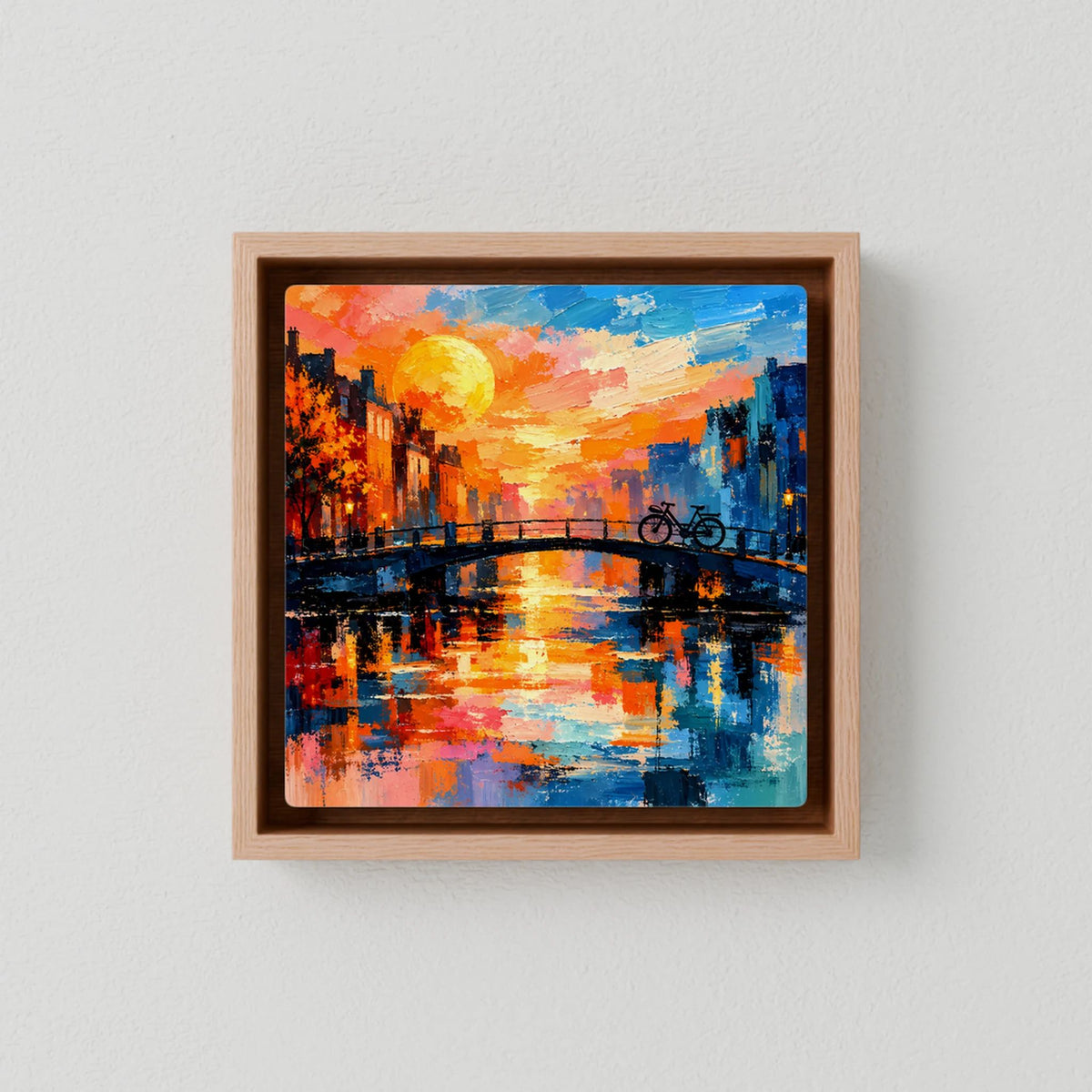 Leinwand Abstraktes Amsterdam Gemälde | Modernes Romantisches Grachten Wandbild mit Fahrrad