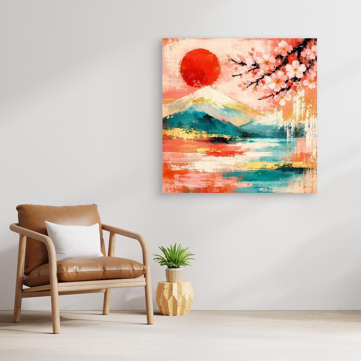 Abstraktes Leinwandbild mit roter Sonne, Kirschblüten und türkis-rotem Landschaftsmotiv