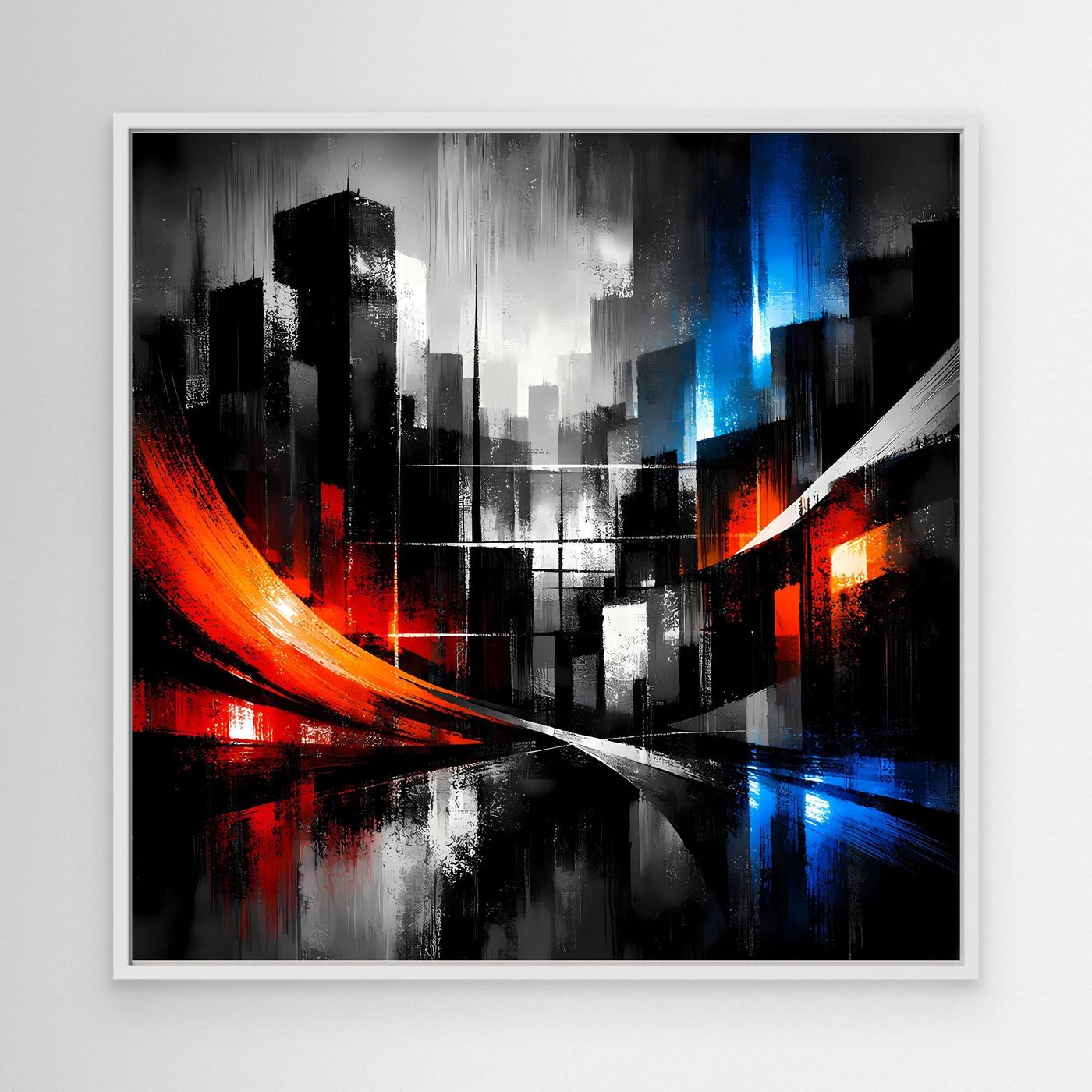 Abstraktes Skyline-Wandbild mit weißem Rahmen, rote und blaue Lichtspuren, dunkle Stadtformen