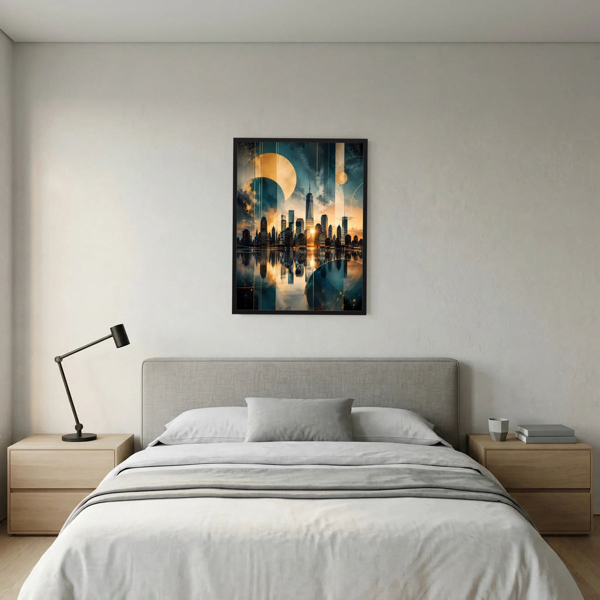 Hochformatiges Skyline-Poster im schwarzen Rahmen, gold & petrol, Stadtansicht mit Wasserfläche