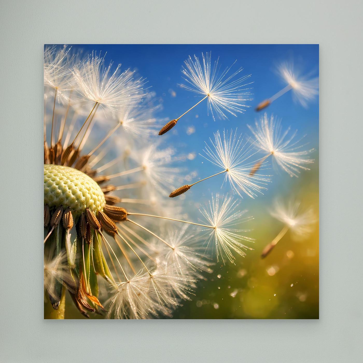 Leinwandbild mit Makro-Pusteblume und fliegenden Löwenzahnsamen, weiß-gelbe Details