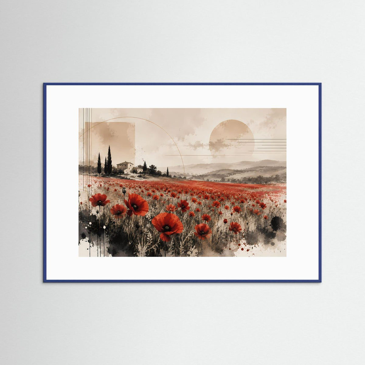 Gerahmtes Querformat-Poster mit Mohnblumenfeld in Rot und Beige, blauer Rahmen