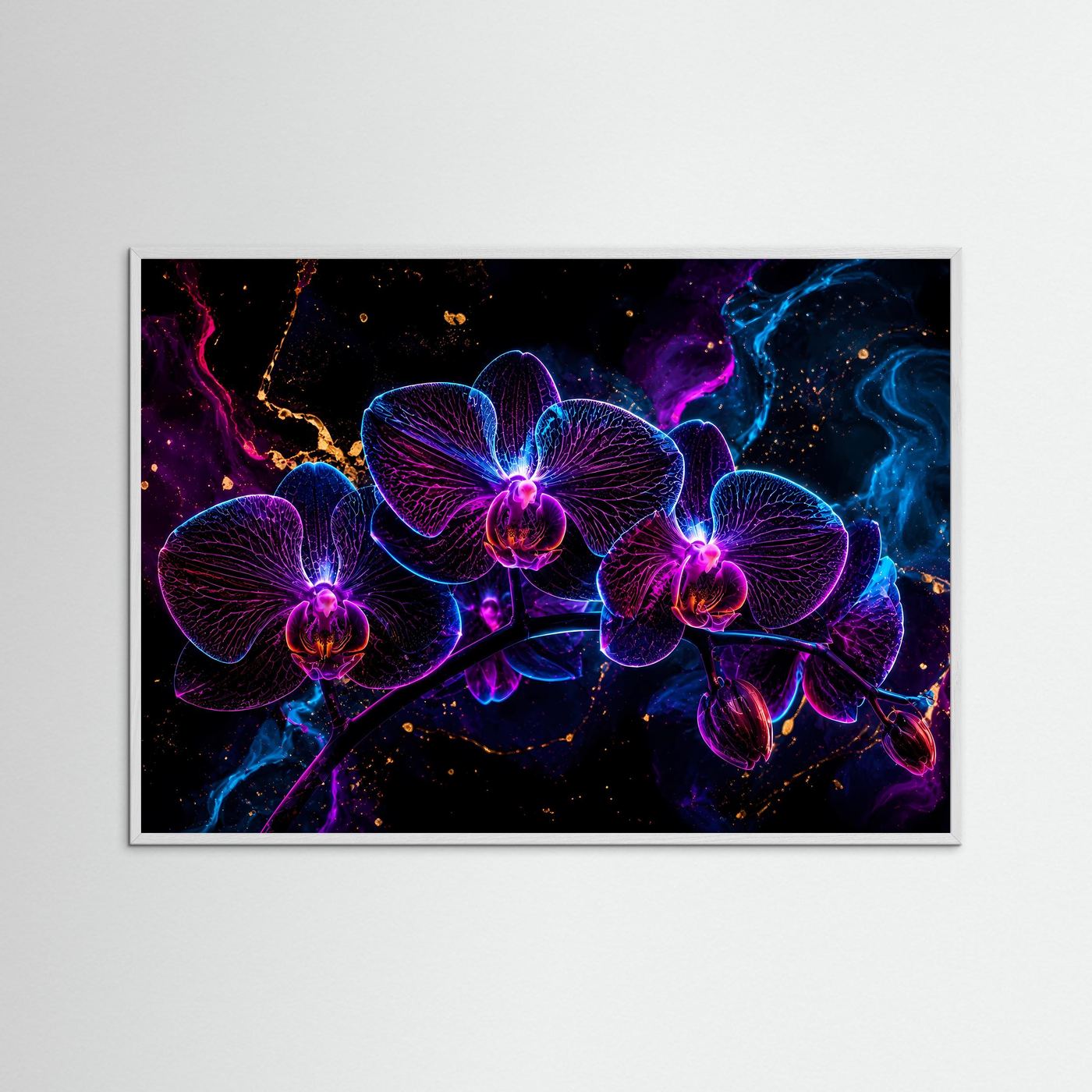 Neon Orchideen Poster | Leuchtende Blumen Wandkunst | Futurale Floral Art in Blau & Magenta | Abstrakte Luxus Wall Art | Modernes Leinwandbild