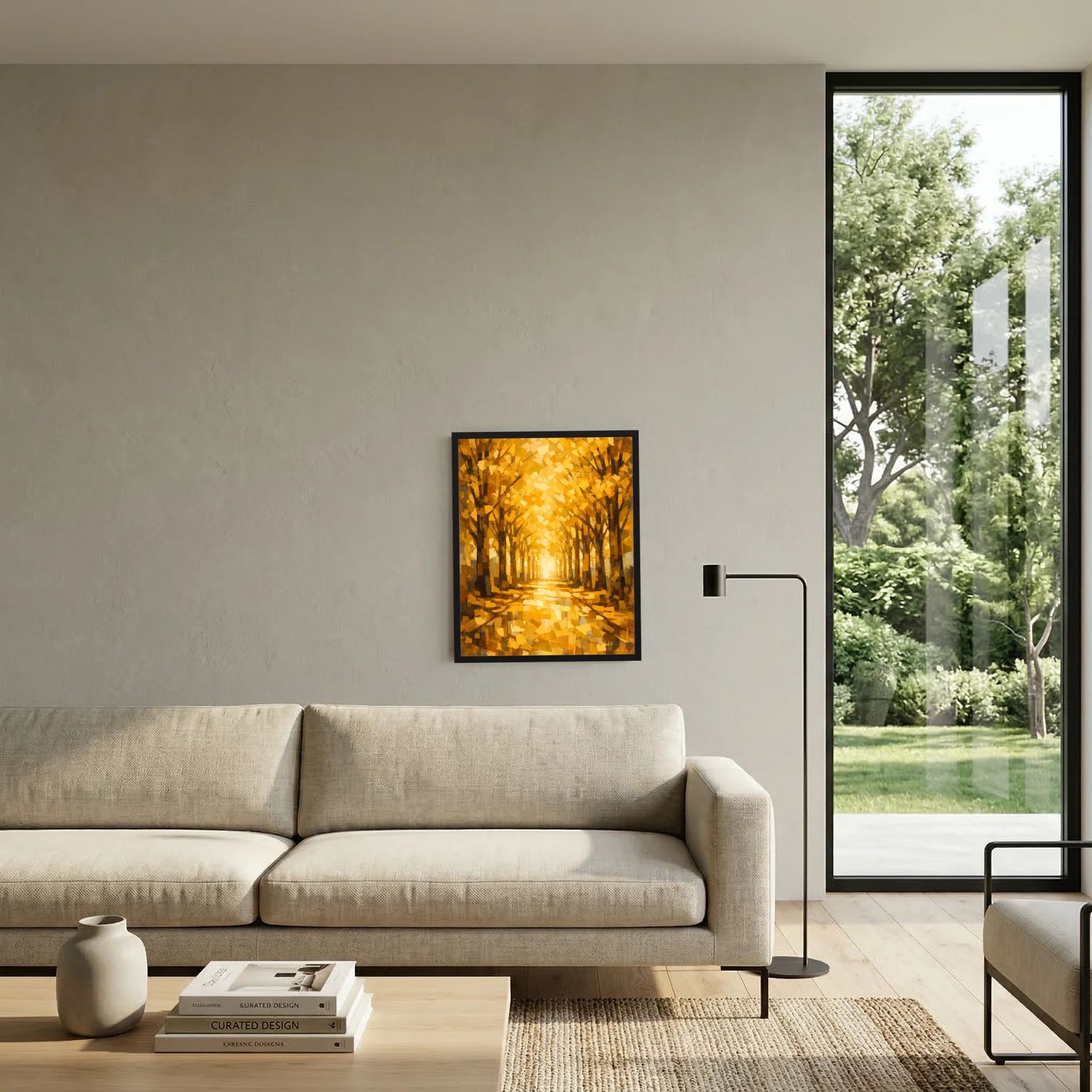 Hochformatiges Wandbild im schwarzen Rahmen mit goldener Baumallee und warmen Herbstfarben