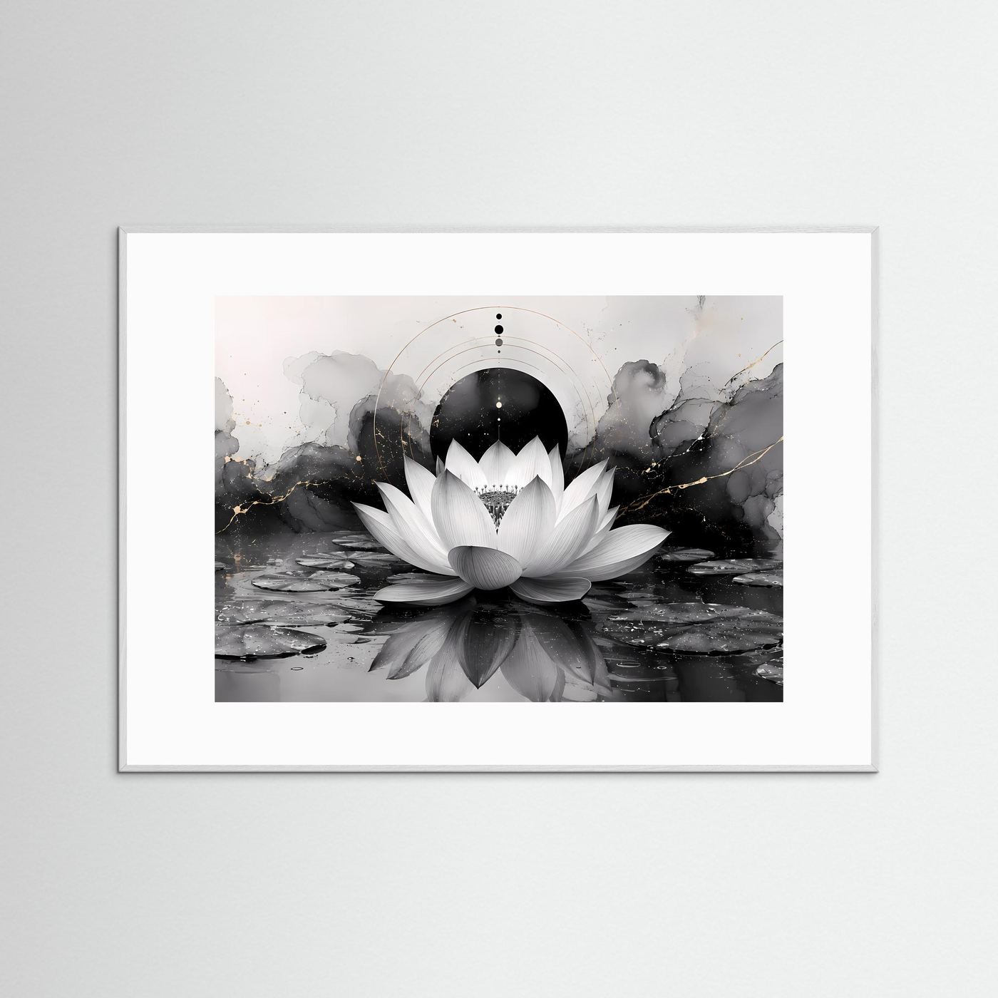 Weiße Lotusblüte in Schwarz & Gold | Elegante Zen Kunst