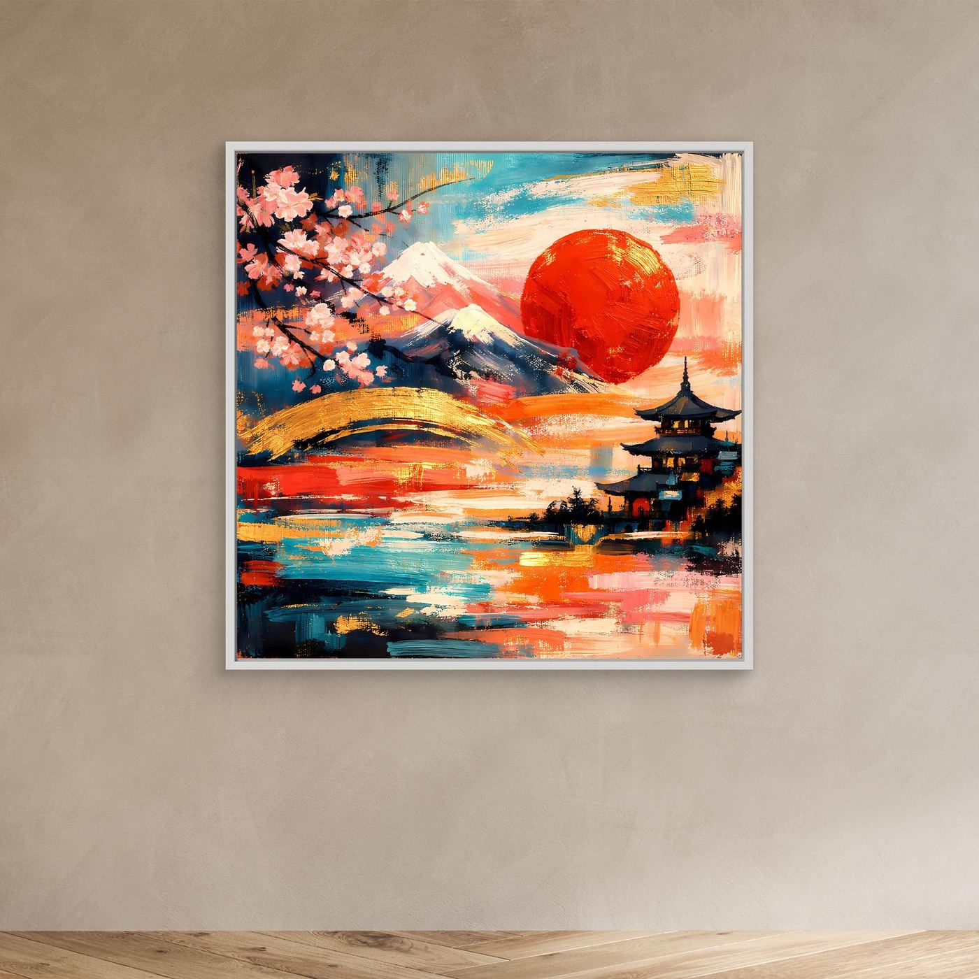 Gerahmtes Leinwandbild mit Fuji, roter Sonne, Kirschblütenzweig und Pagode, weißer Rahmen