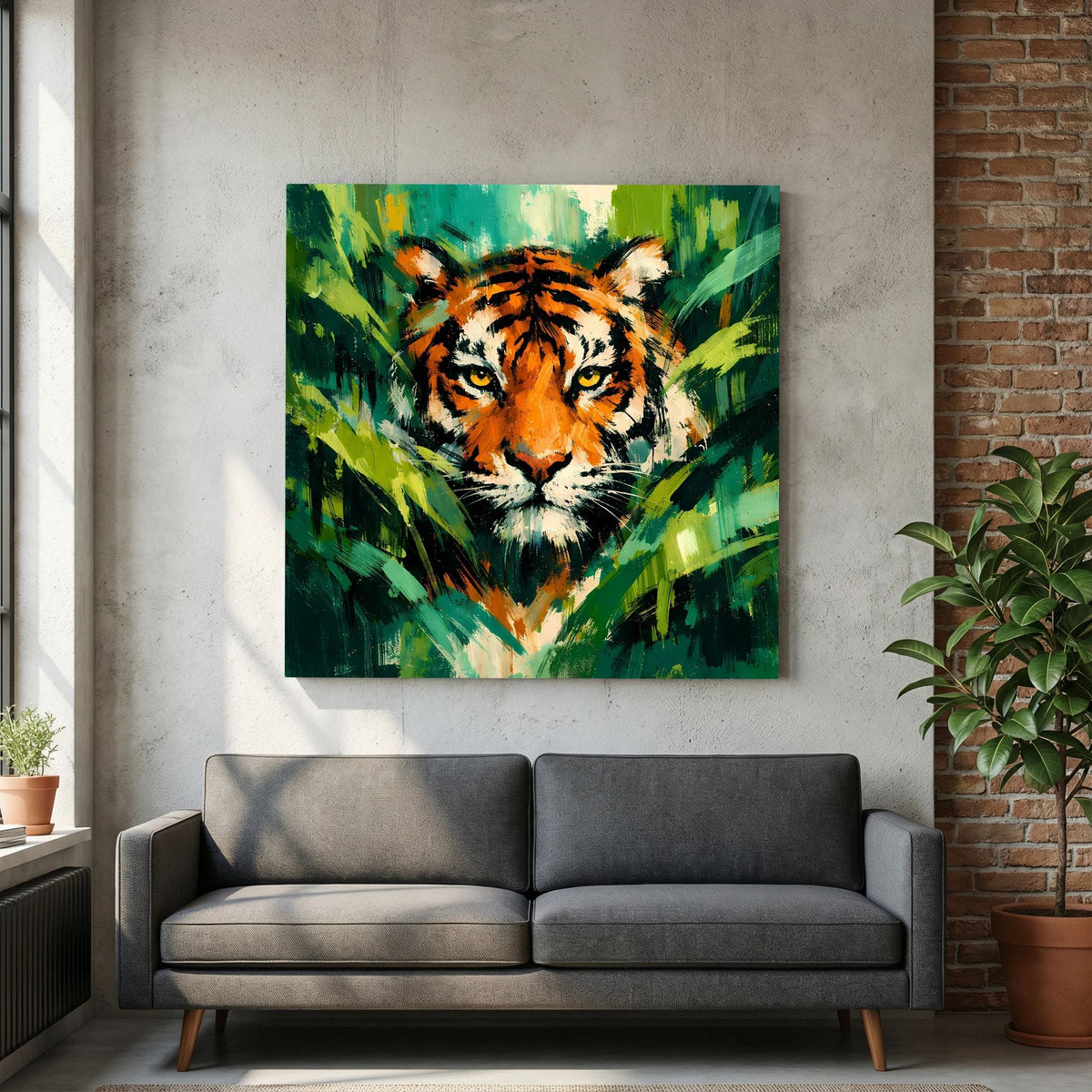 Leinwand Abstraktes Tiger Gemälde | Modernes Wandbild Raubkatze Dschungel Grün Orange