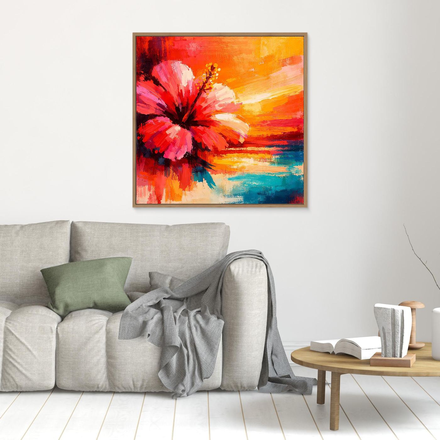 Leinwand Abstraktes Hibiskusblütenbild am Meer | Modernes Küsten Wandbild Bunt